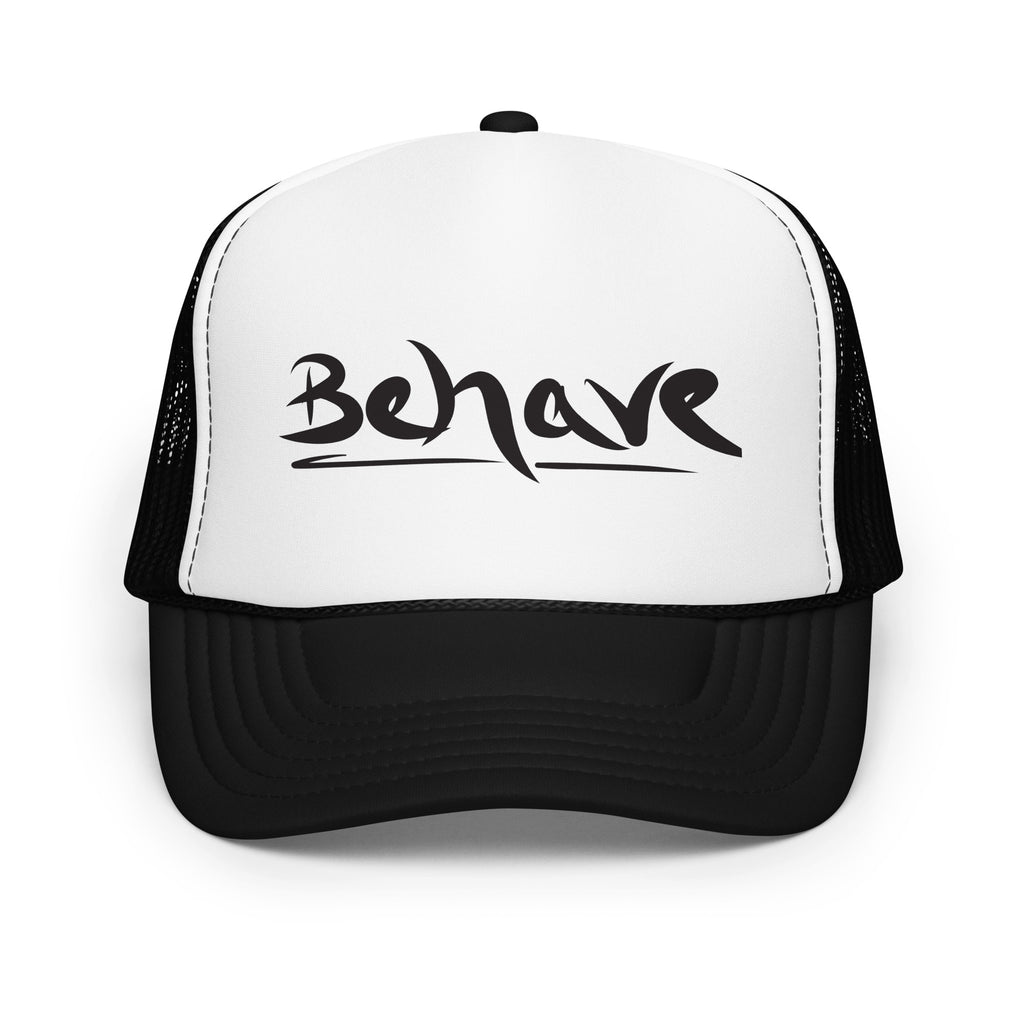 Behave Trucker Hat black and white — front view — Pistolero Clásico