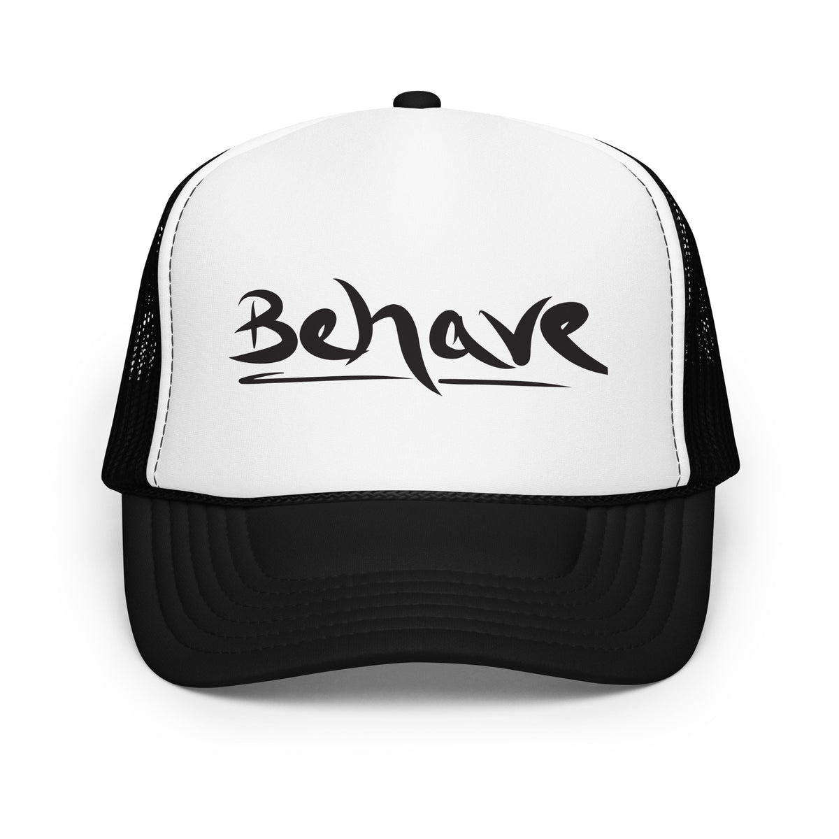 Behave Trucker Hat black and white — front view — Pistolero Clásico