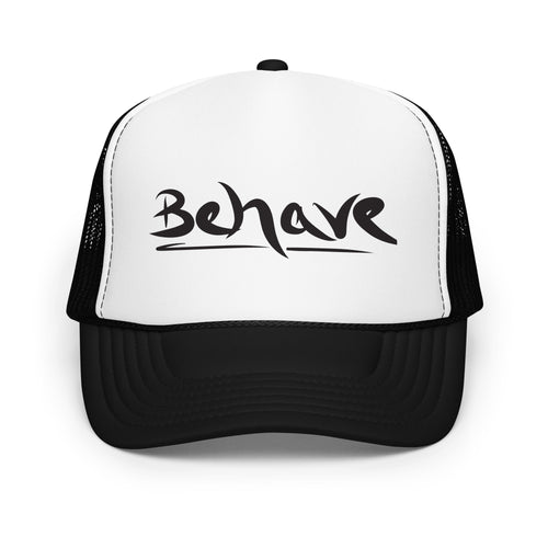 Behave Trucker Hat black and white — front view — Pistolero Clásico
