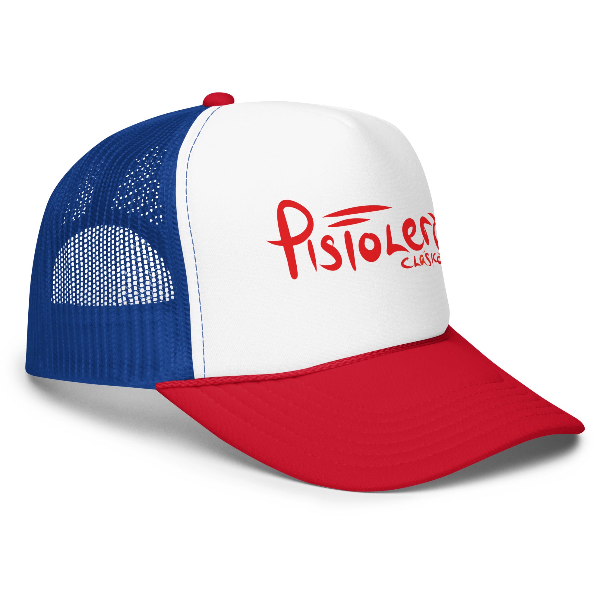 Pistolero Clásico Red White & Blue Trucker Hat – right front view