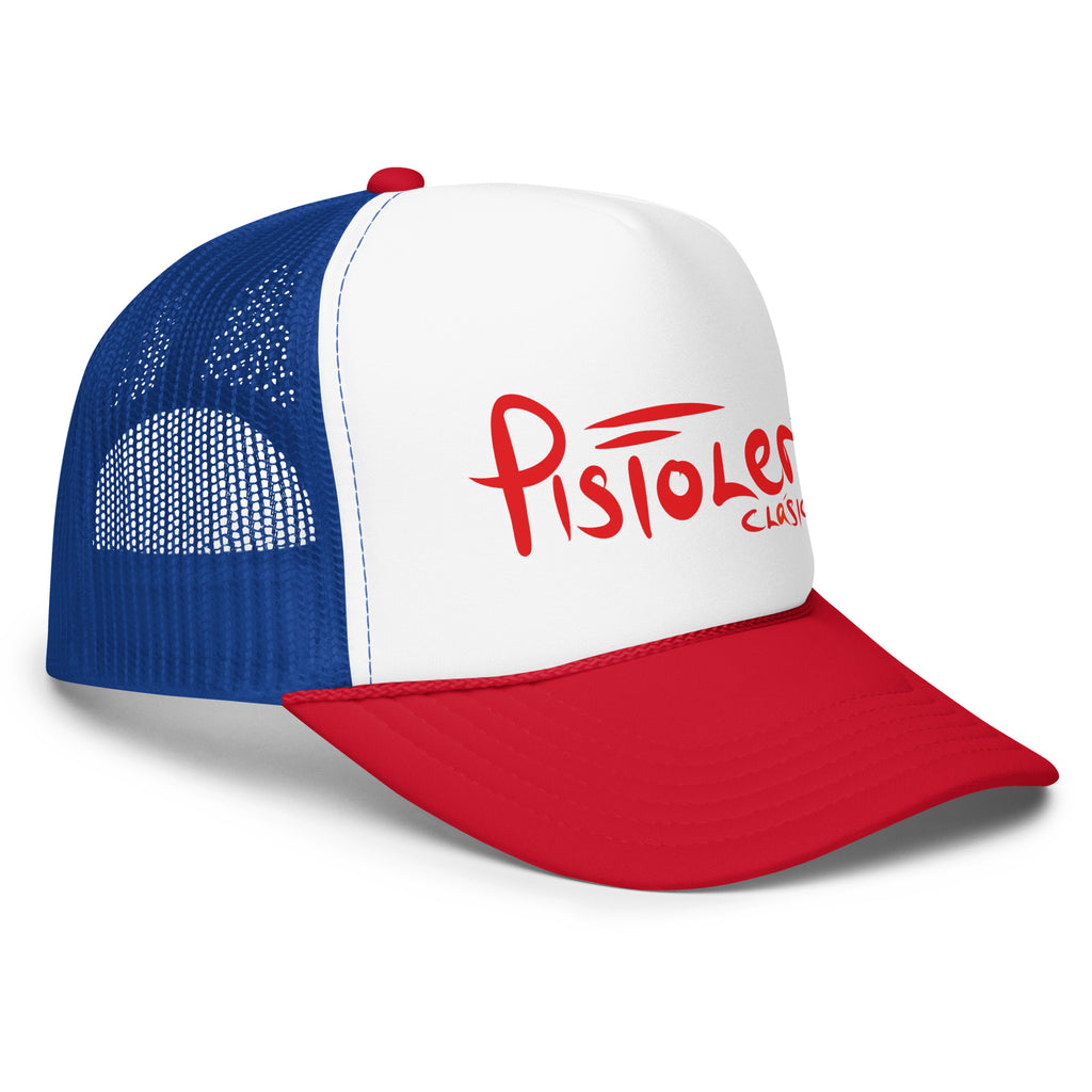 Pistolero Clásico Red White & Blue Trucker Hat – right front view