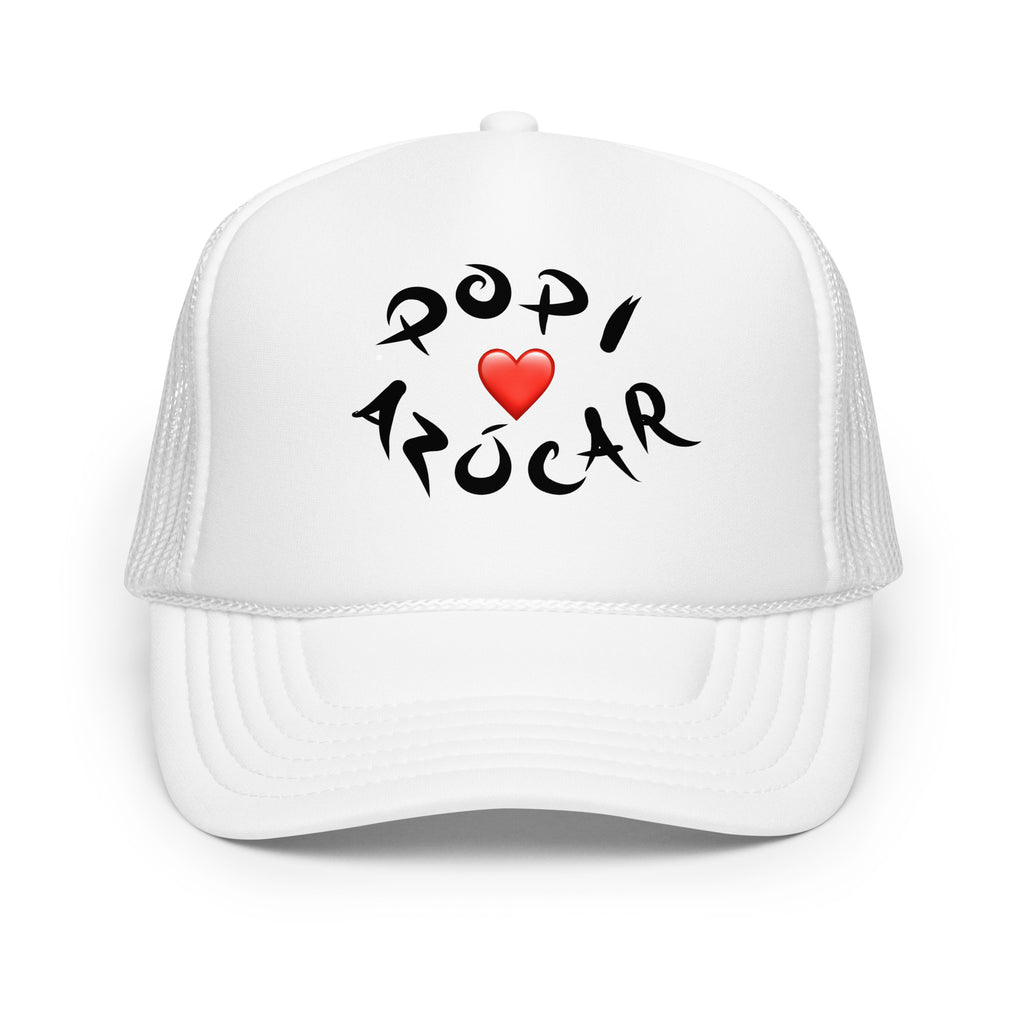 Popi Azucar white trucker hat — front view with black lettering and red heart — Pistolero Clásico