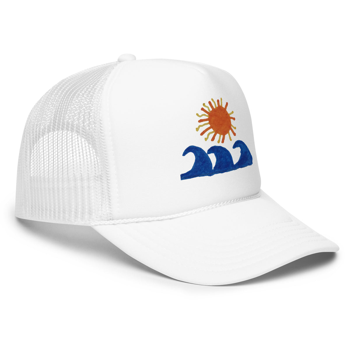 Summer white trucker hat — right-front view with sun and waves artwork and mesh back — Pistolero Clásico