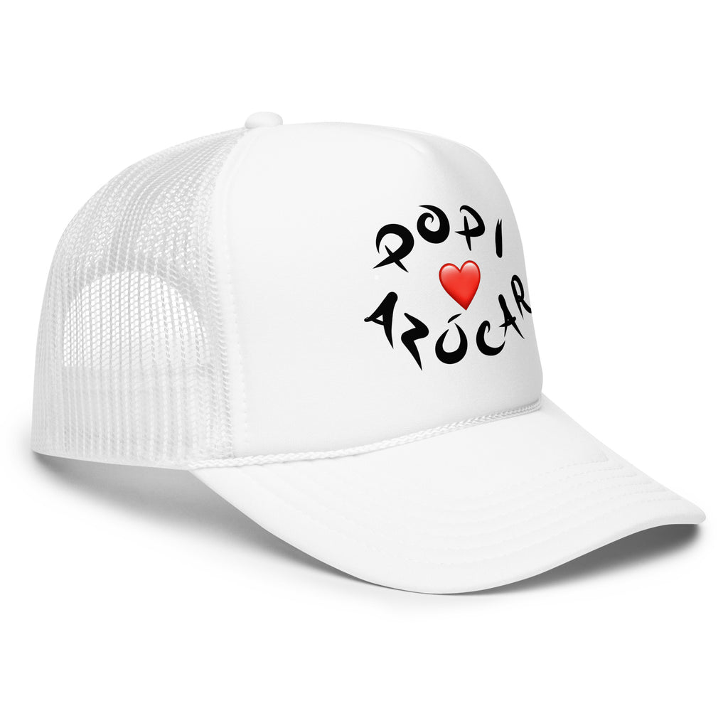 Popi Azucar white trucker hat — right-front view with black lettering, red heart, and mesh back — Pistolero Clásico