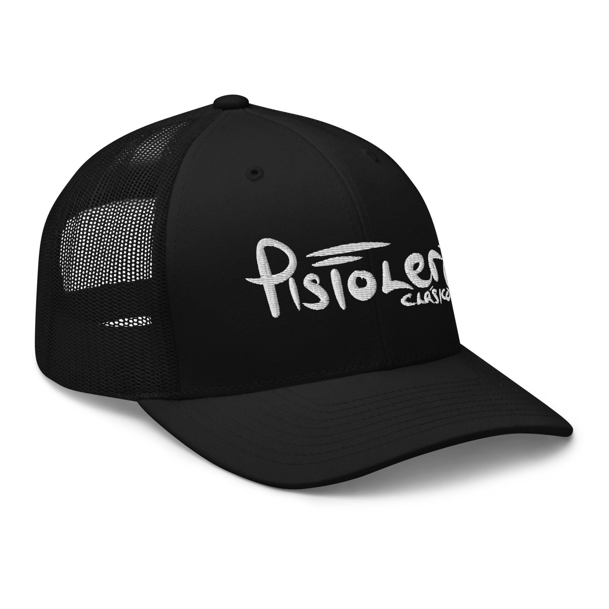 Pistolero Clásico Premium Black Trucker Hat – right front view