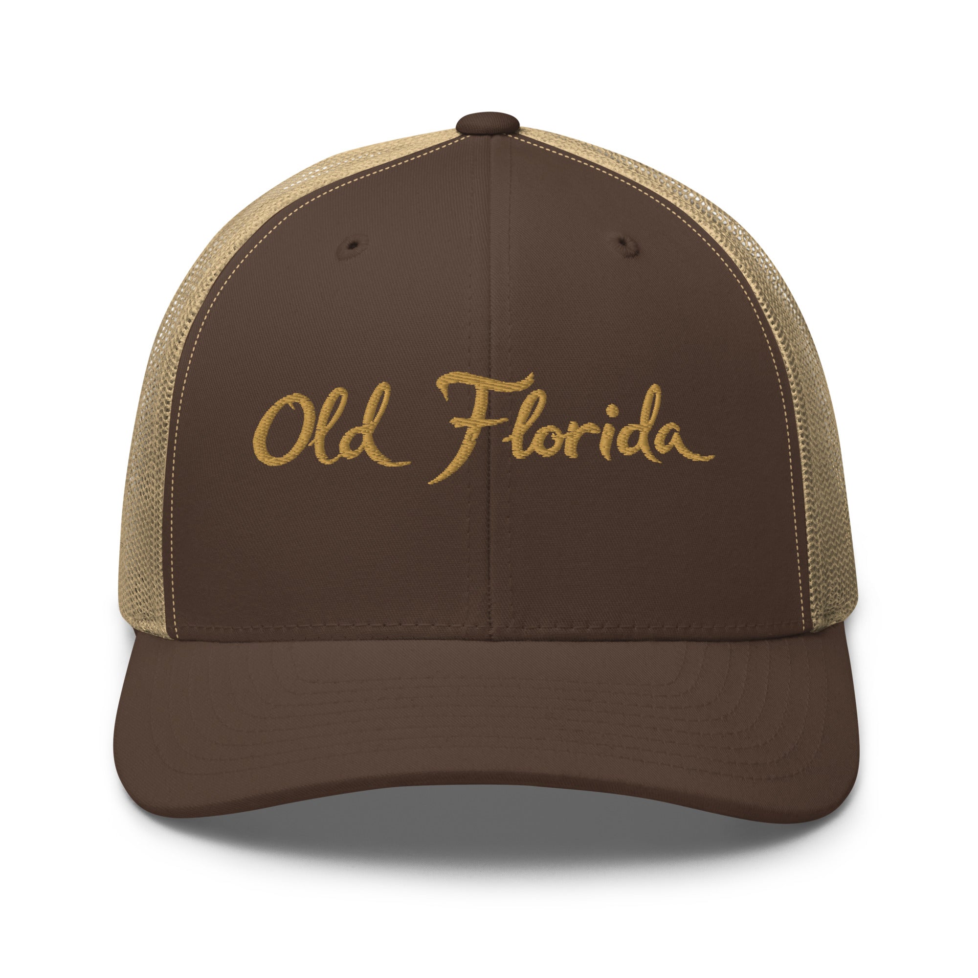Old Florida Premium Trucker Hat - Brown/Khaki front view