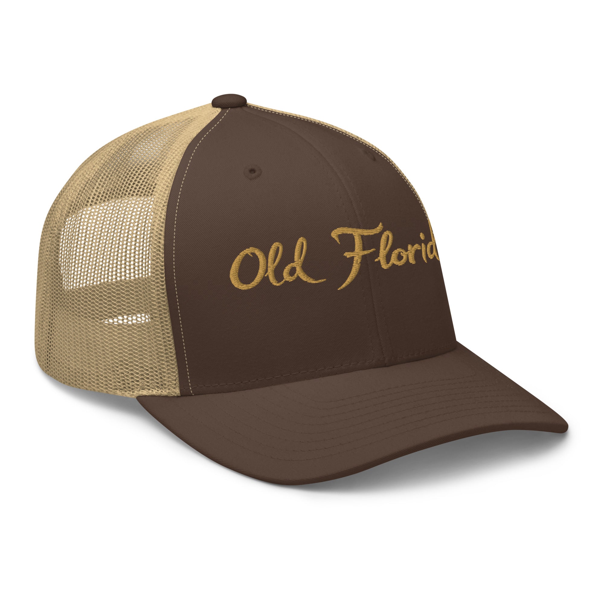 Old Florida Premium Trucker Hat - Brown/Khaki right front view