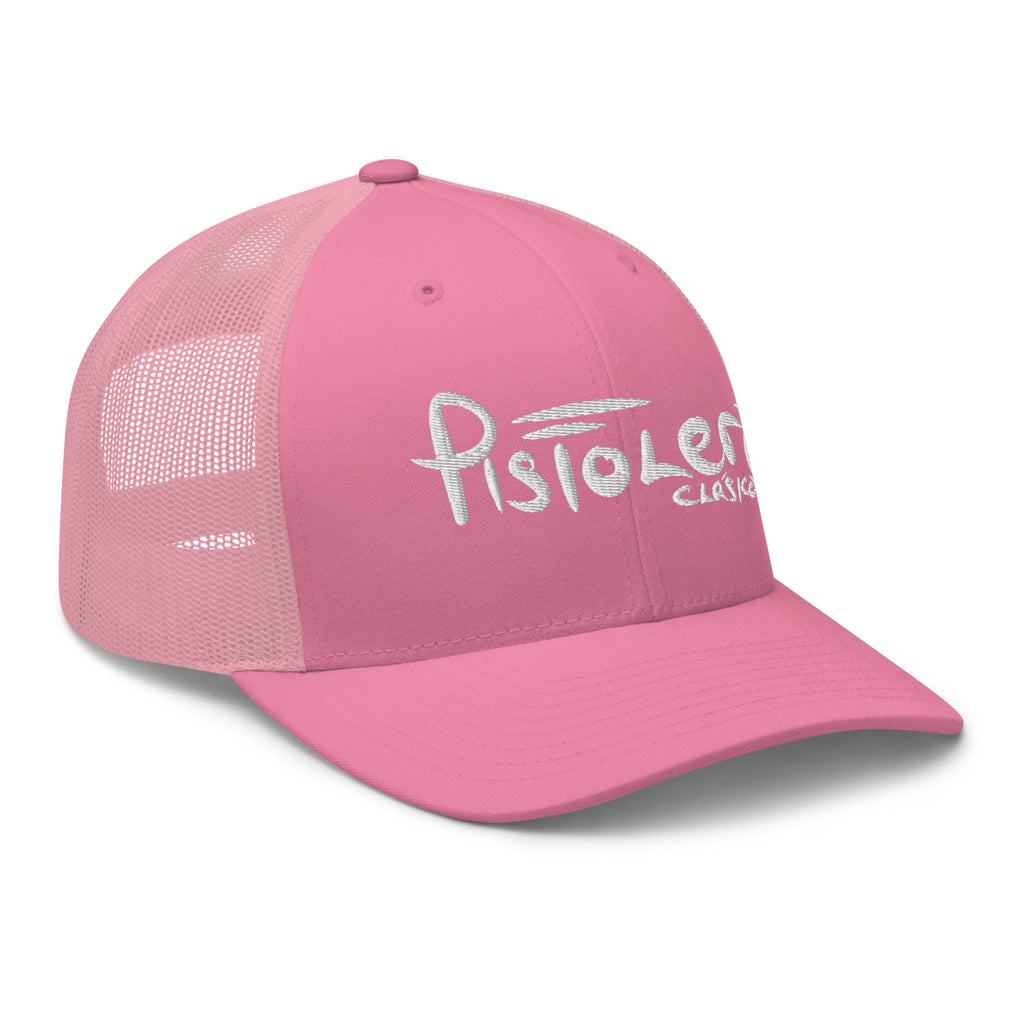 Pistolero Clásico Premium Pink Trucker Hat – right front view