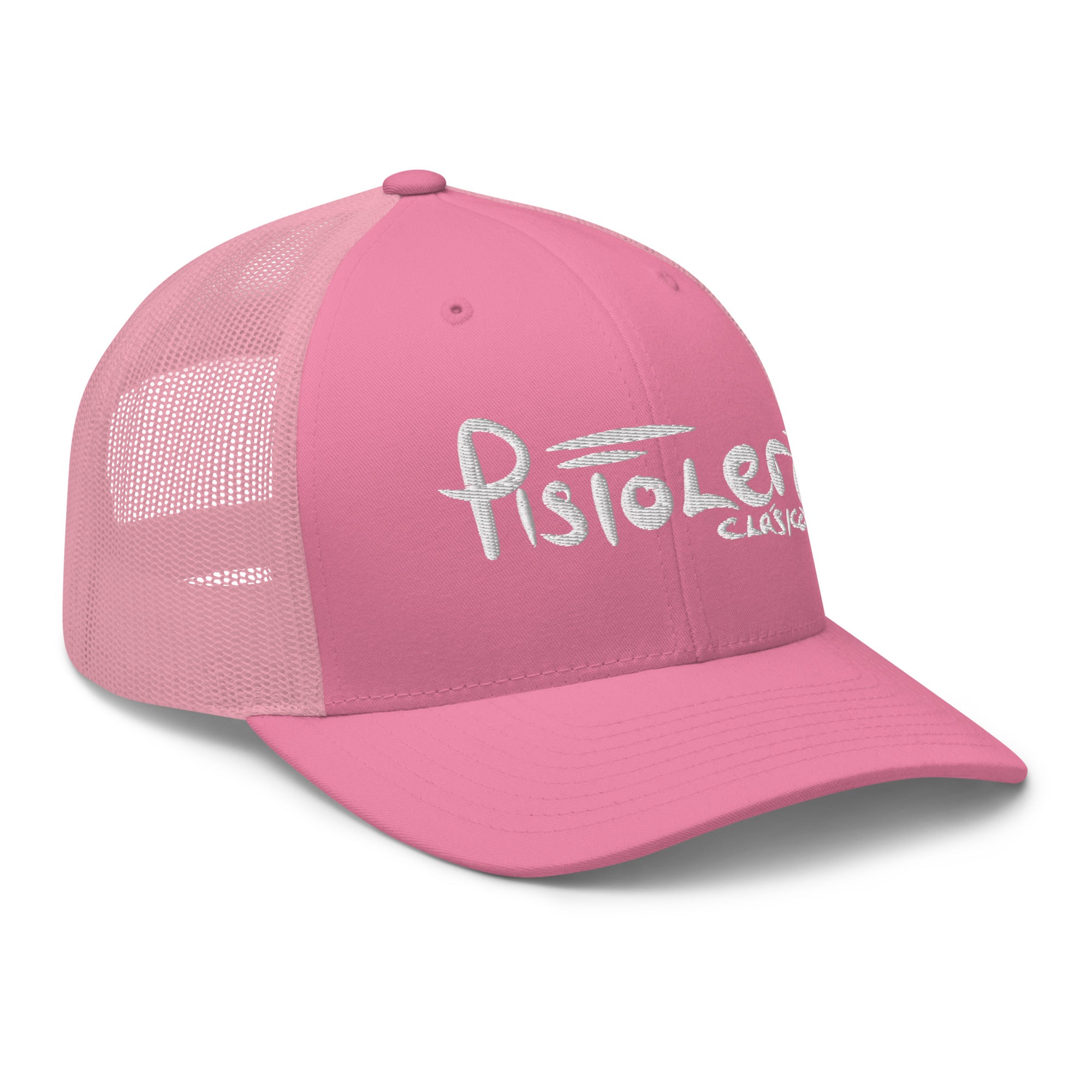 Pistolero Clásico Premium Pink Trucker Hat – right front view