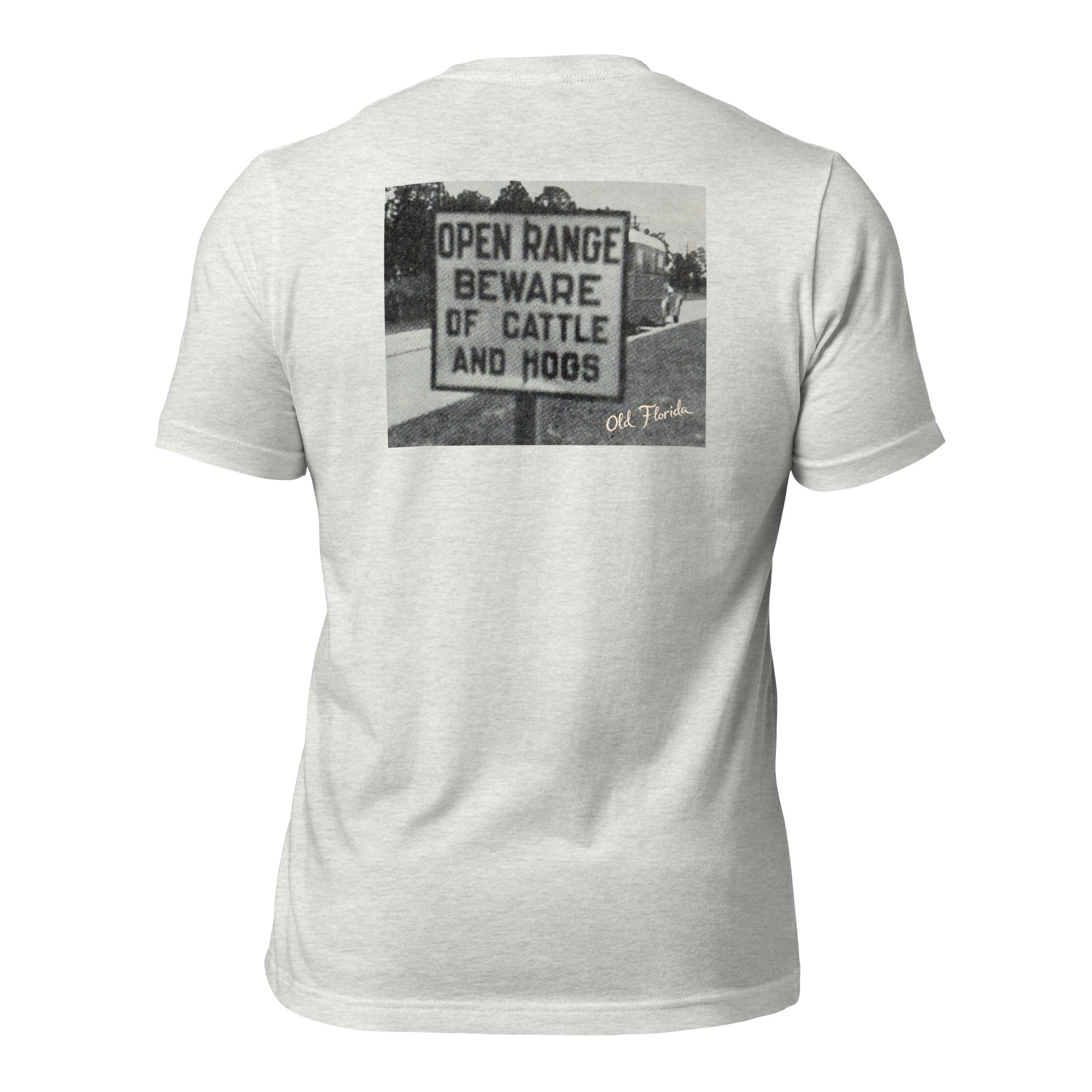 Open Range graphic tee in Ash, back view — Pistolero Clásico