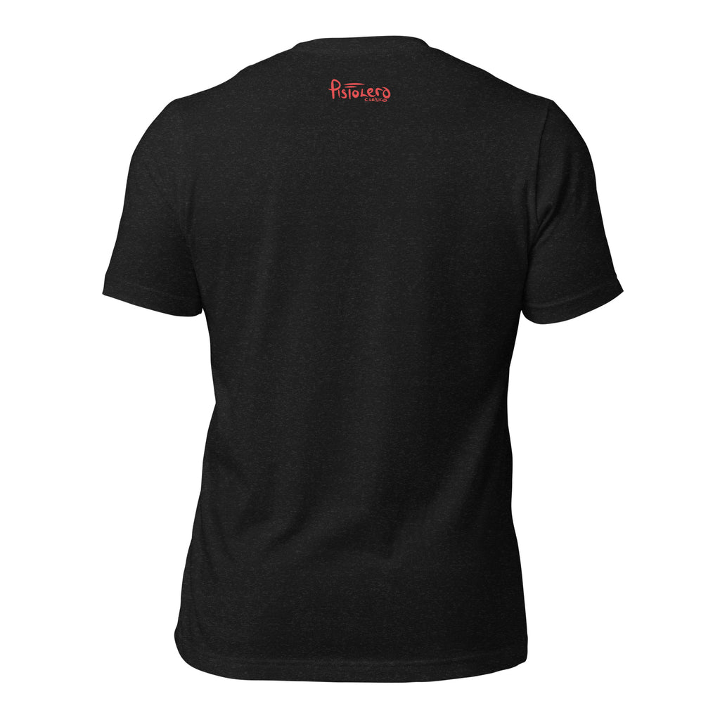 Campeonas del Mundo Heather Black tee, back view with Pistolero Clásico logo — Pistolero Clásico