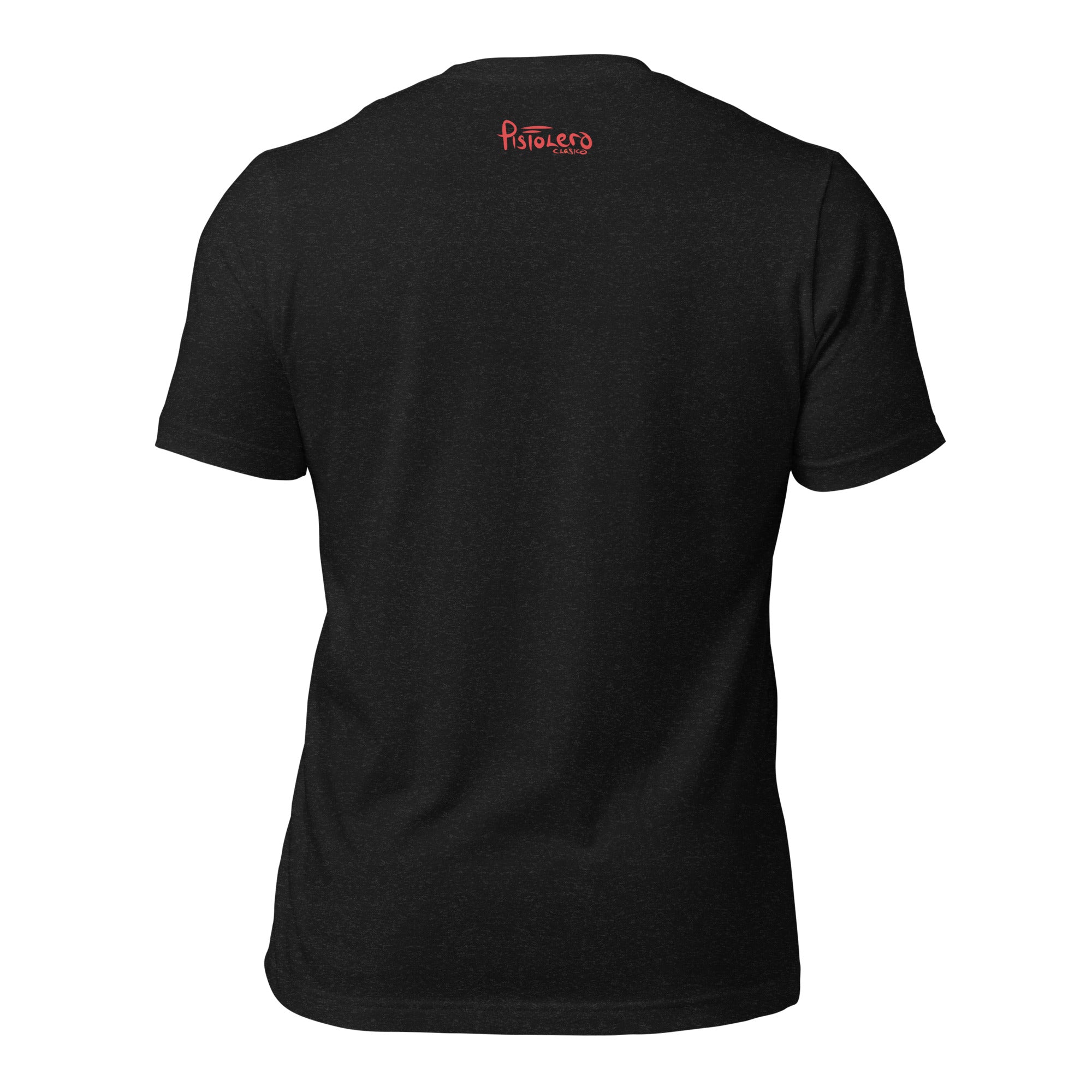 Campeonas del Mundo Heather Black tee, back view with Pistolero Clásico logo — Pistolero Clásico