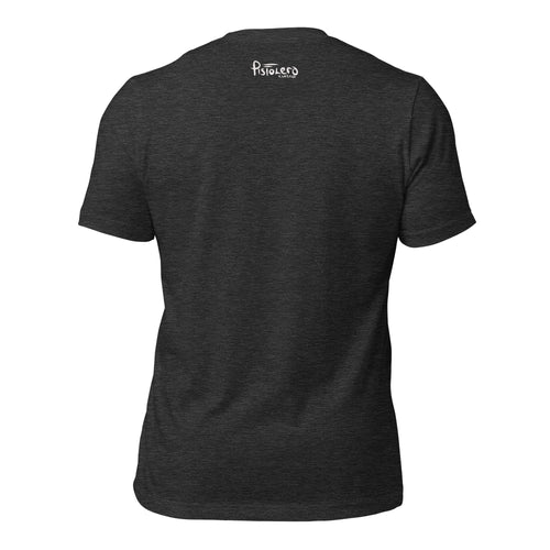 Blackie at Canoes Heather Dark Gray tee, back view with Pistolero Clásico logo — Pistolero Clásico