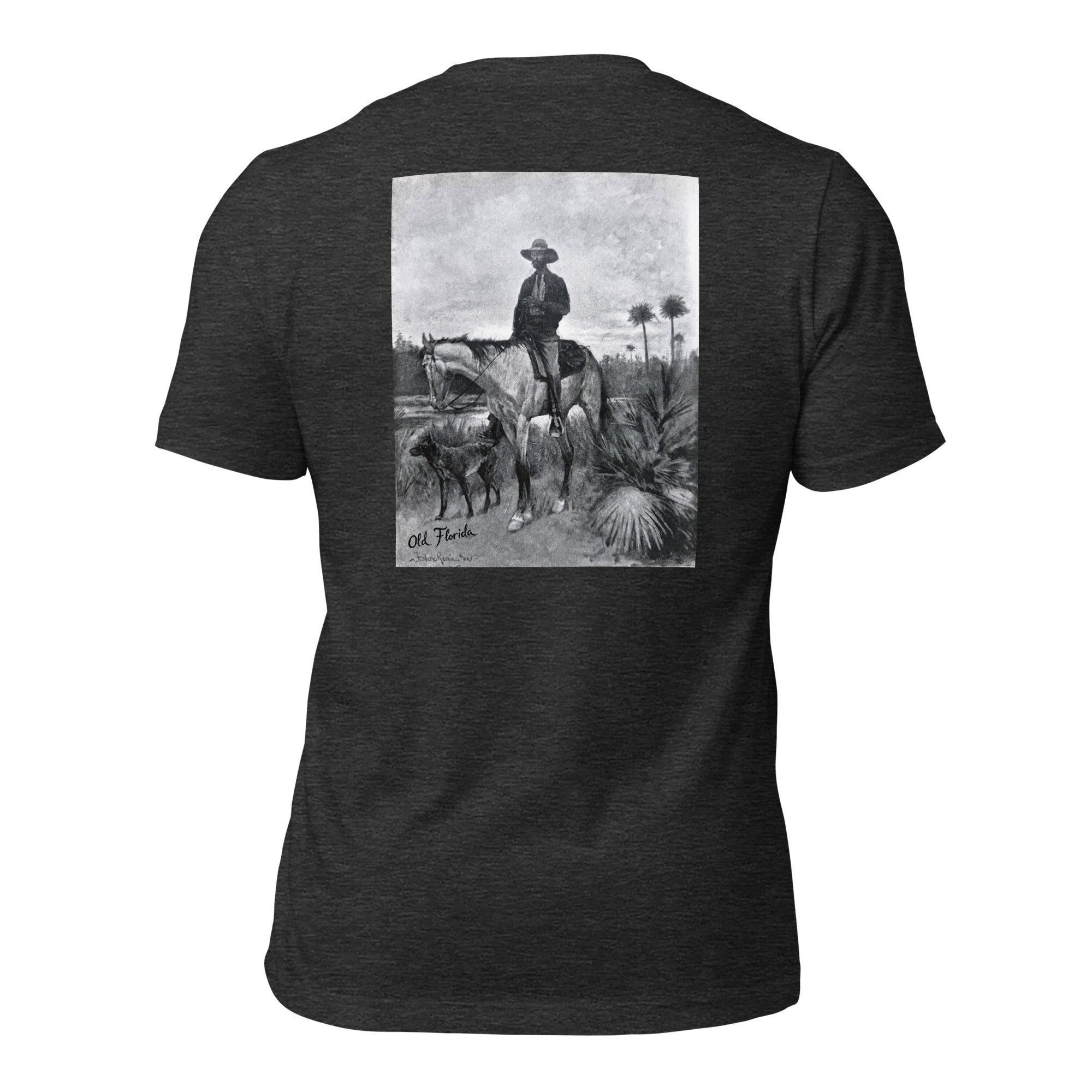 Ole Bone graphic tee in Heather Dark Gray, back view — Pistolero Clásico