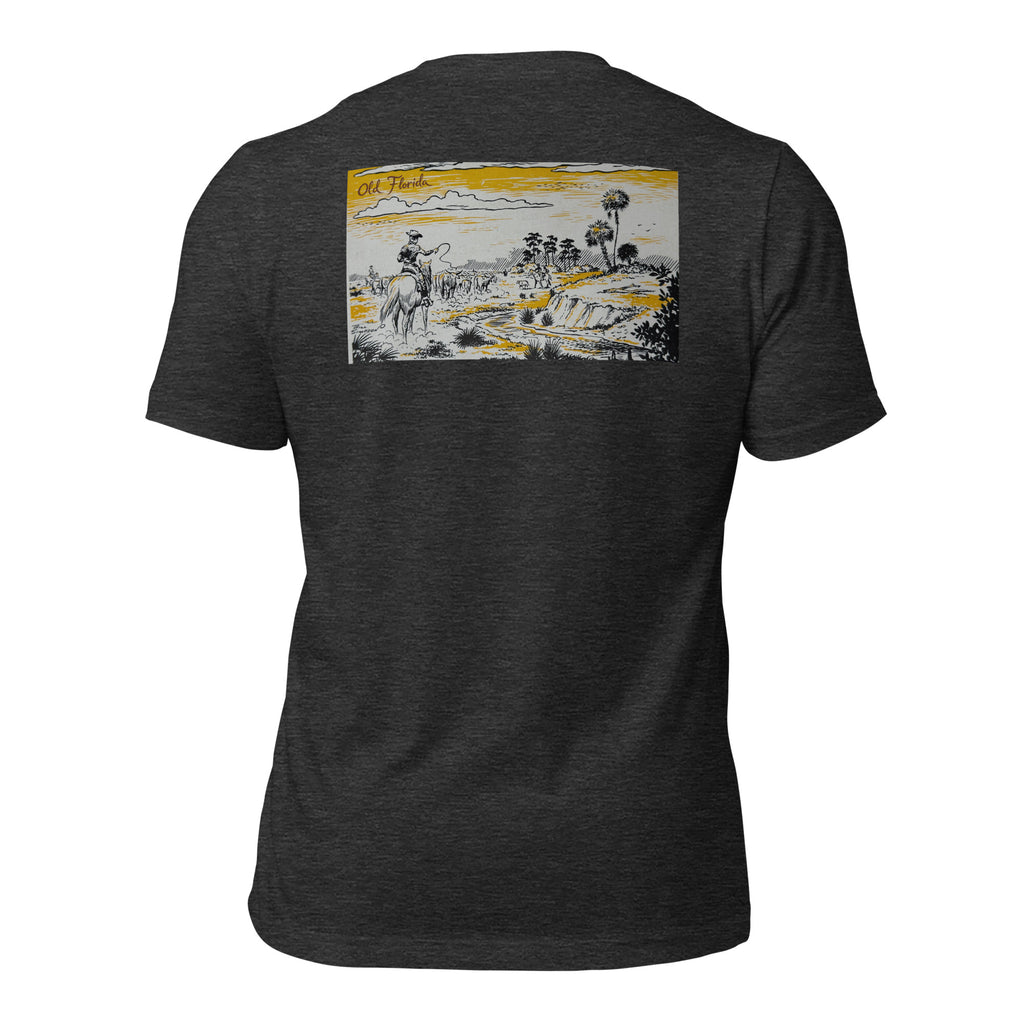 Yellow River graphic tee in Heather Dark Gray, back view — Pistolero Clásico