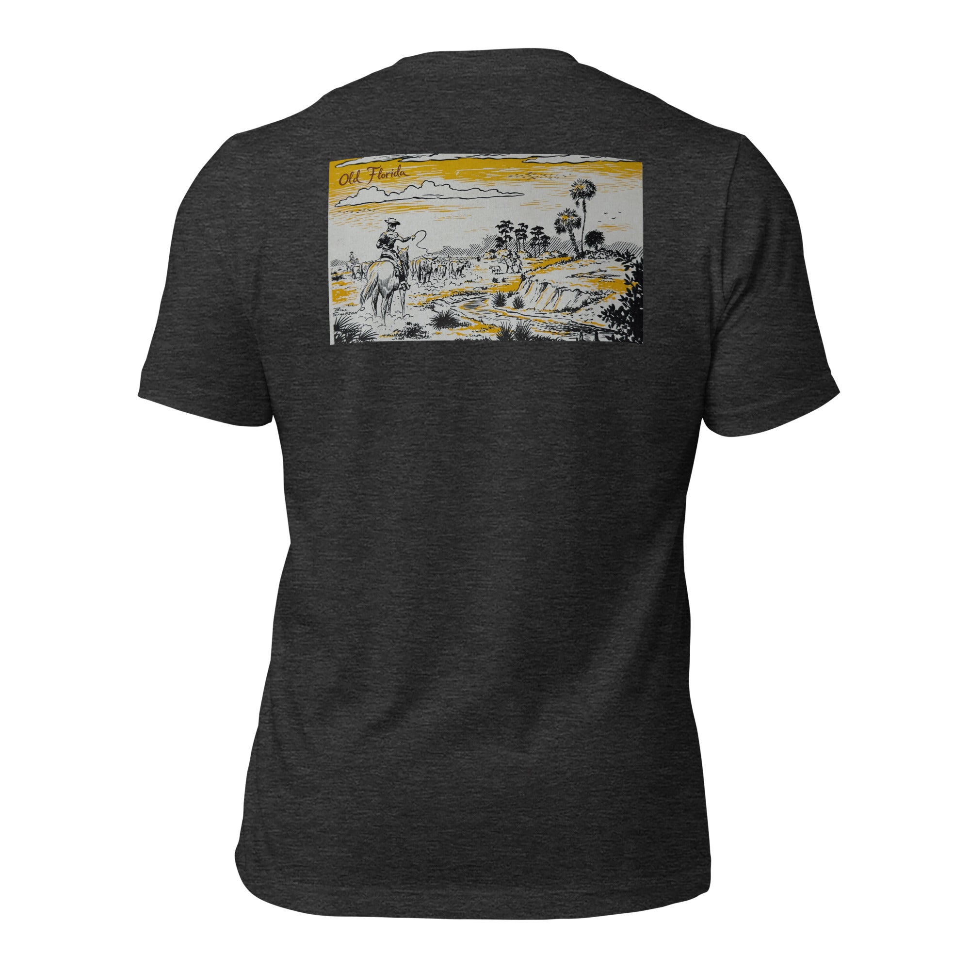 Yellow River graphic tee in Heather Dark Gray, back view — Pistolero Clásico