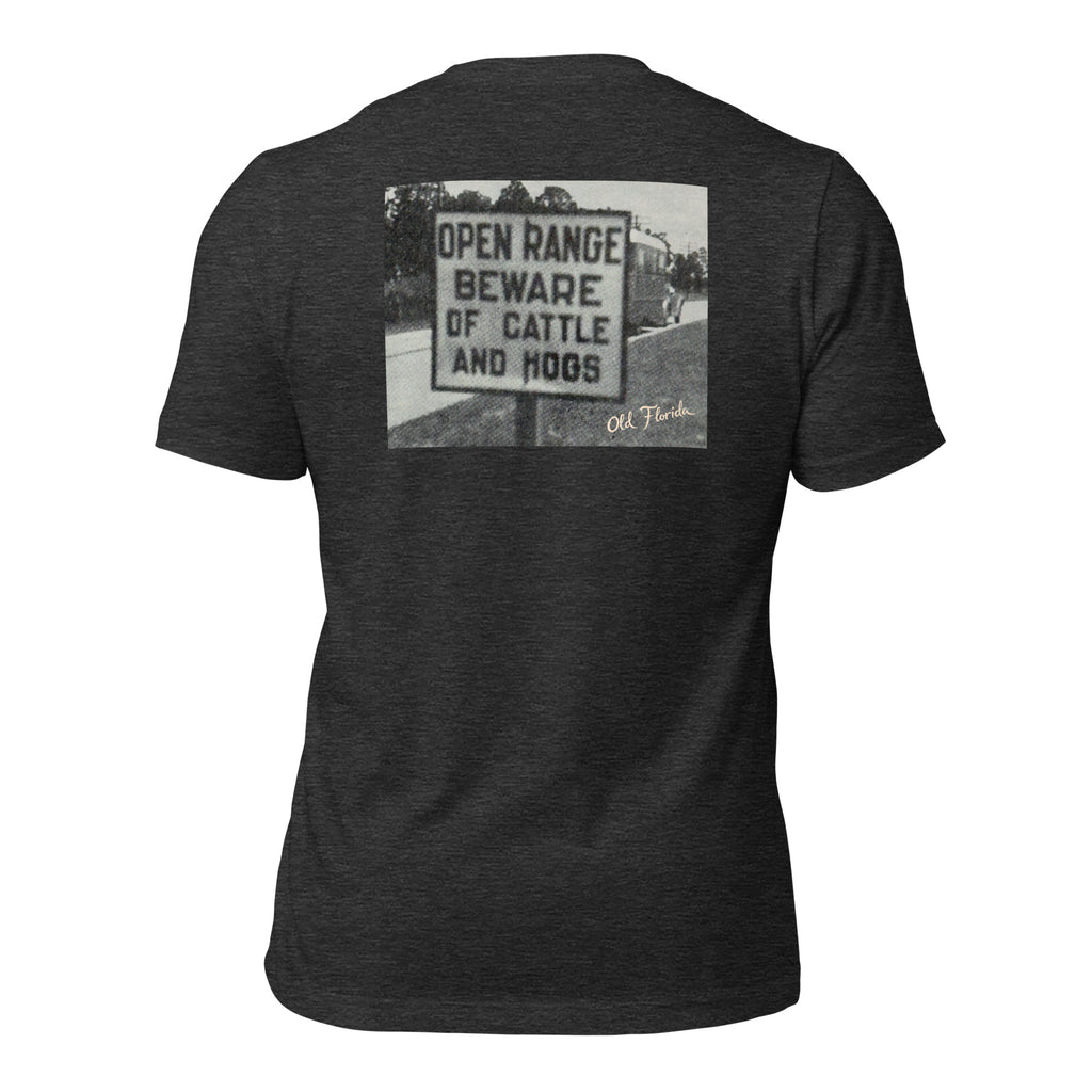 Open Range graphic tee in Dark Grey Heather, back view — Pistolero Clásico