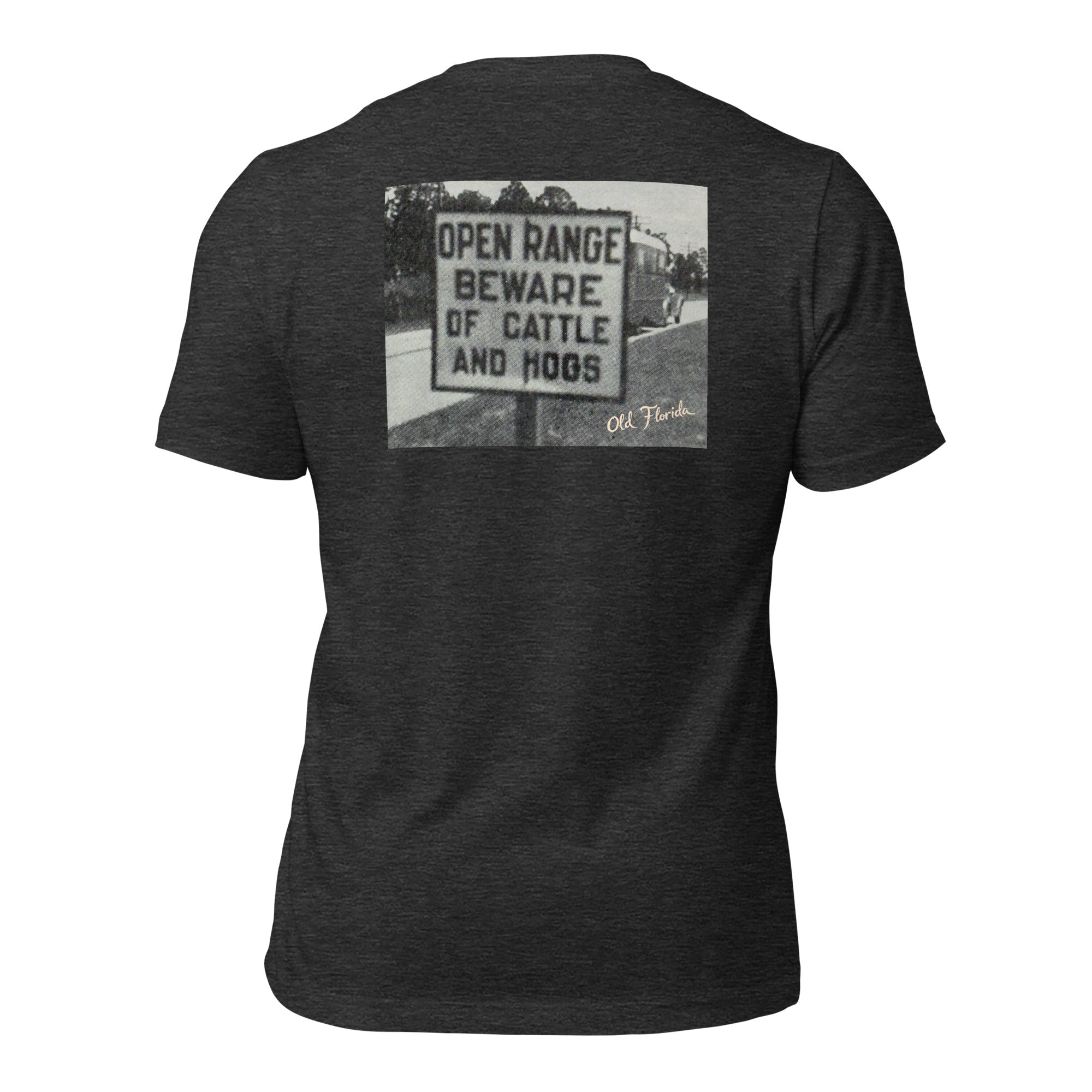 Open Range graphic tee in Dark Grey Heather, back view — Pistolero Clásico