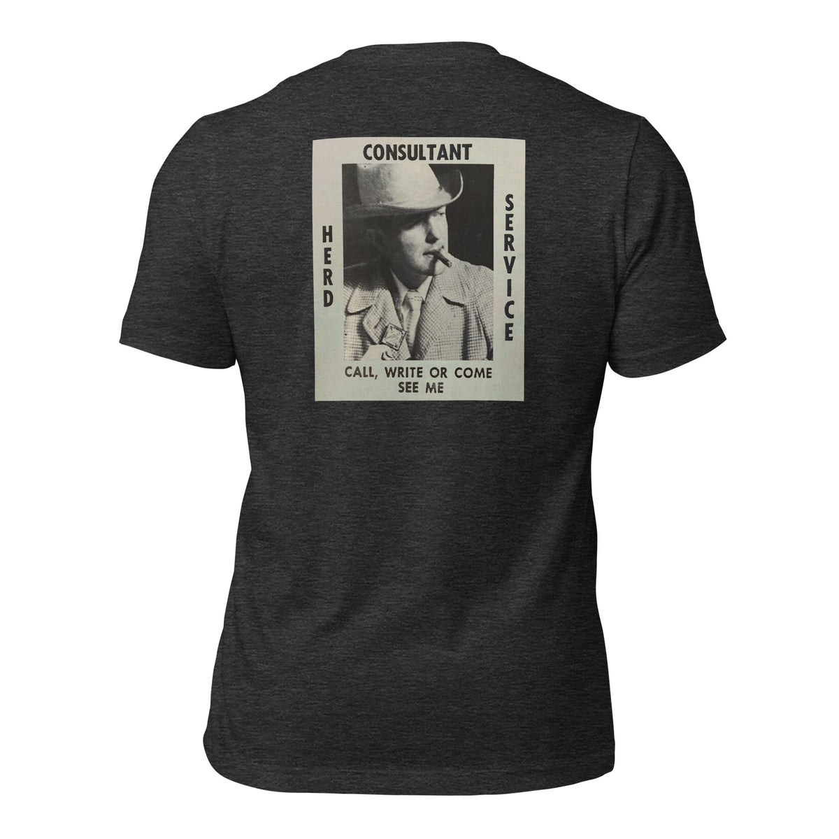 Come See Me dark grey heather tee — back graphic print detail — Pistolero Clásico