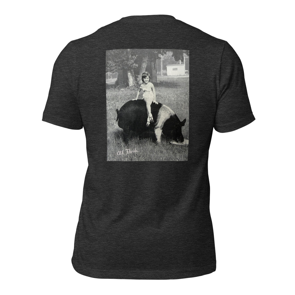 SuuWee dark grey heather tee — back graphic print detail — Pistolero Clásico