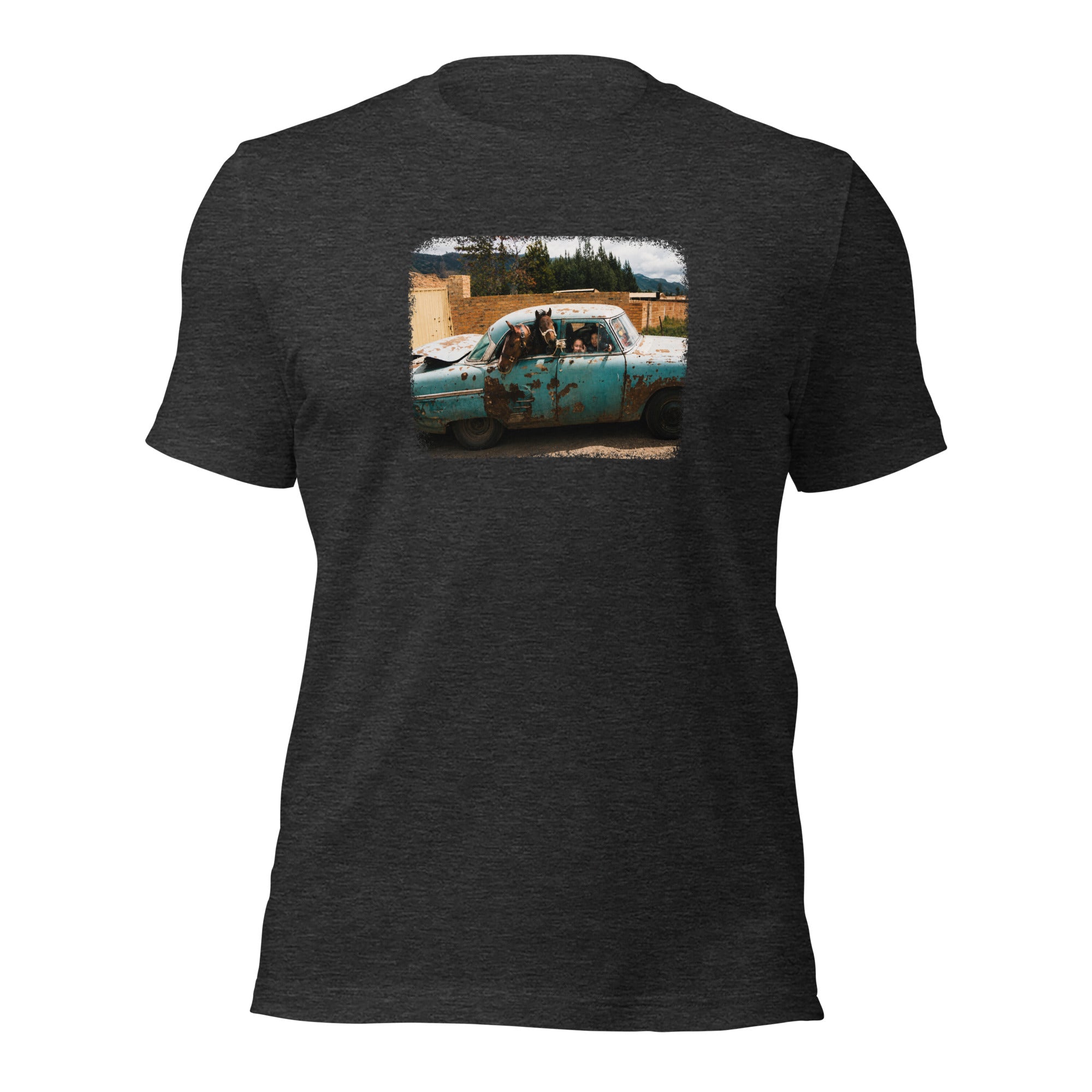 ¡Vamonos! dark gray heather tee — front graphic print — Pistolero Clásico