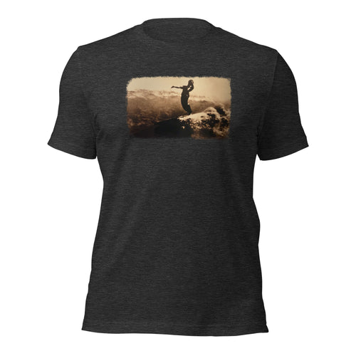 Blackie at Canoes graphic tee in Heather Dark Gray, front view — Pistolero Clásico