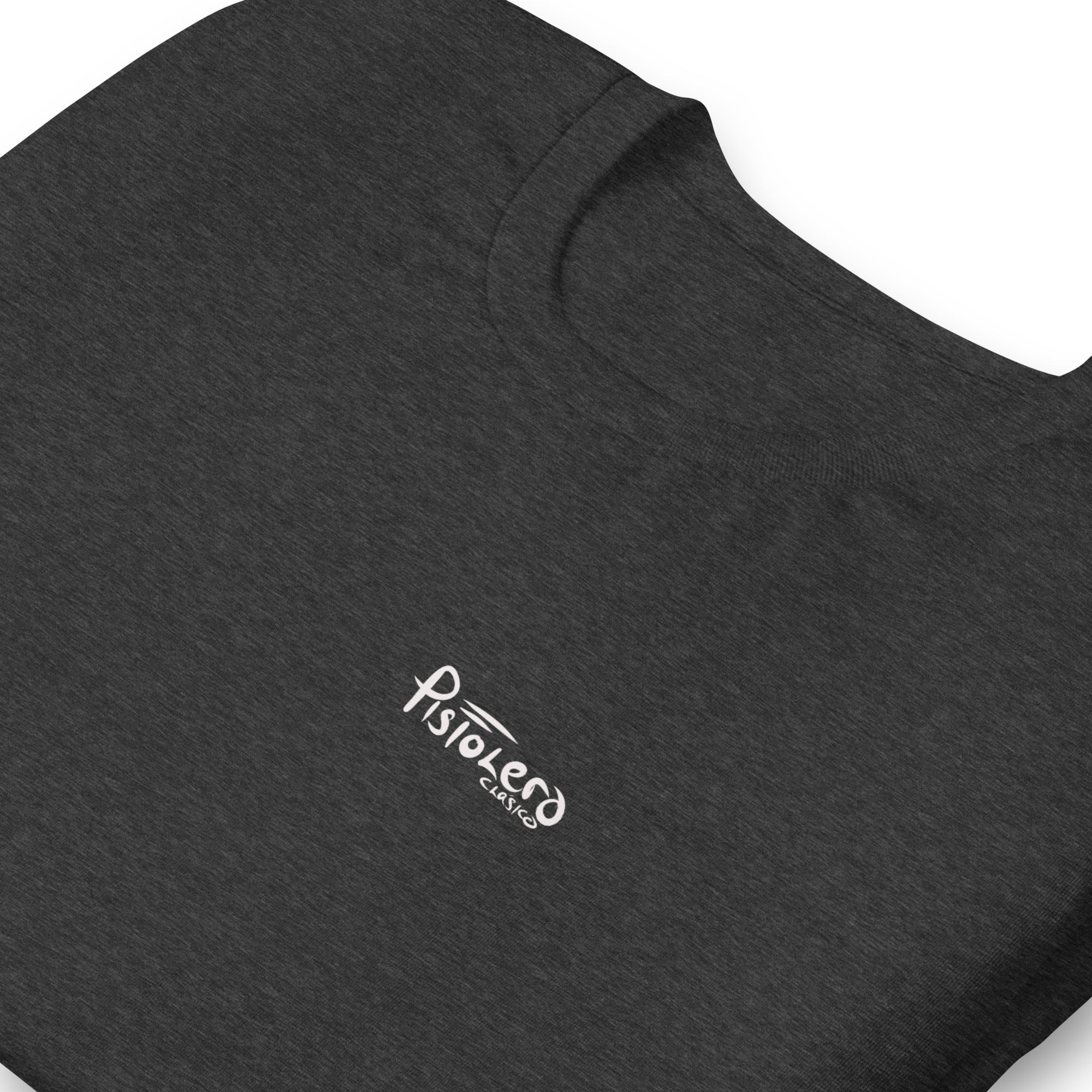 Open Range Dark Grey Heather tee, Pistolero Clásico logo detail — Pistolero Clásico