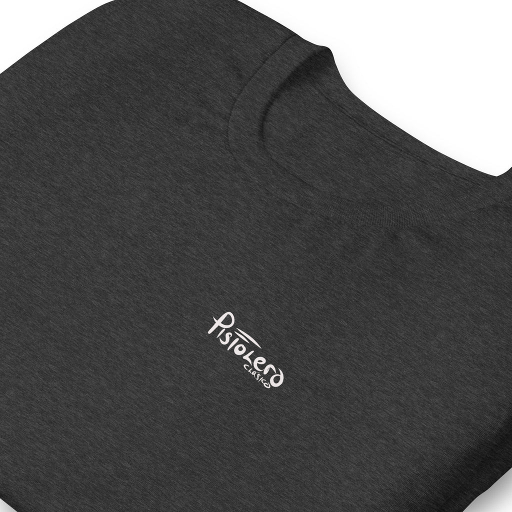 Come See Me dark grey heather tee — front Pistolero Clásico logo — Pistolero Clásico
