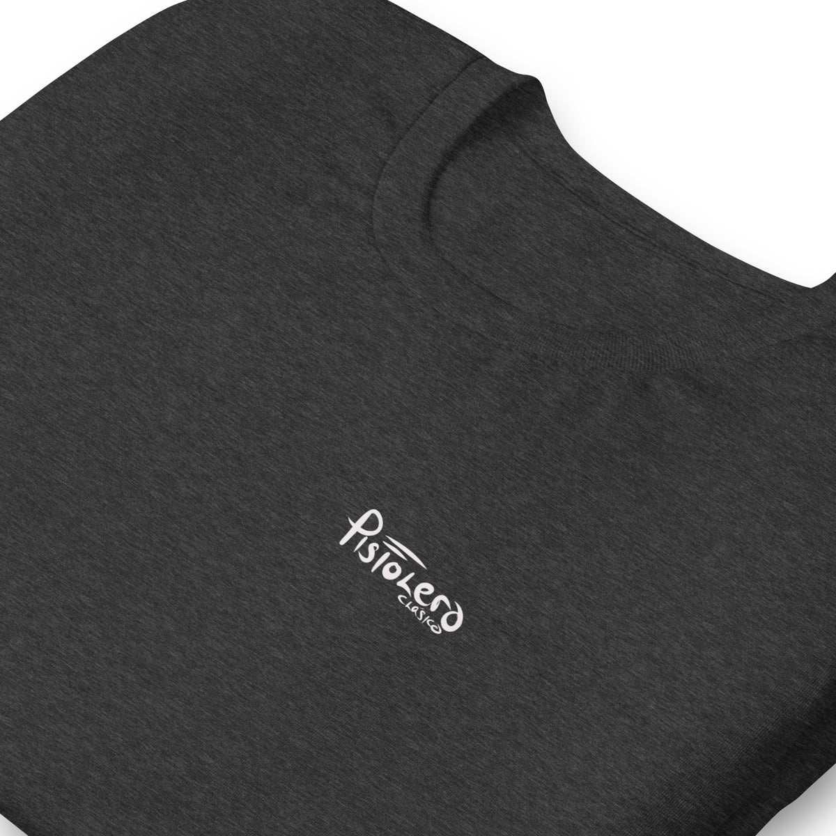 Come See Me dark grey heather tee — front Pistolero Clásico logo — Pistolero Clásico