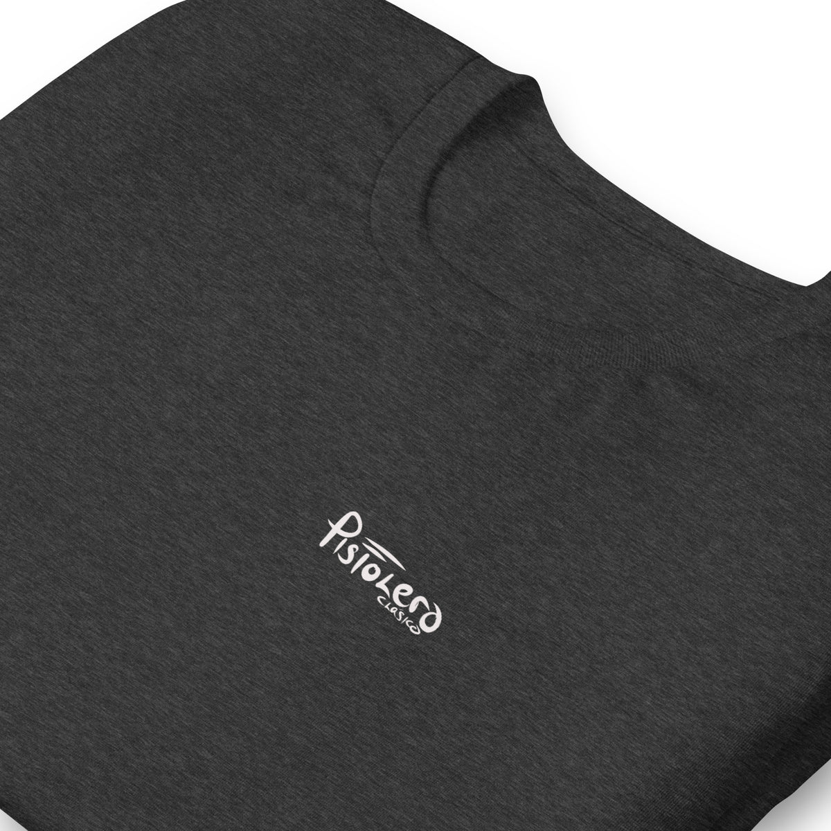 SuuWee dark grey heather tee — front Pistolero Clásico logo — Pistolero Clásico