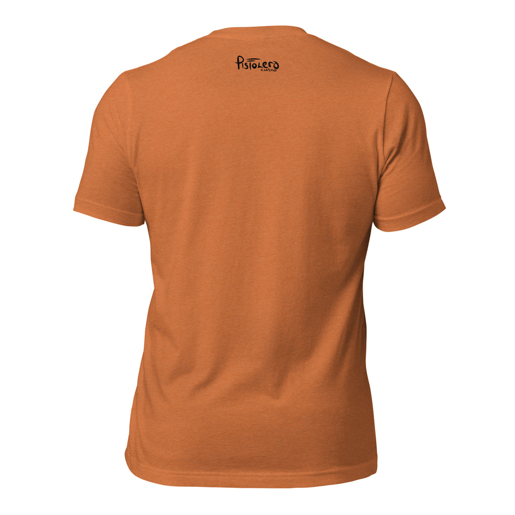 Motorboat Boys heather autumn tee — back Pistolero Clásico logo — Pistolero Clásico