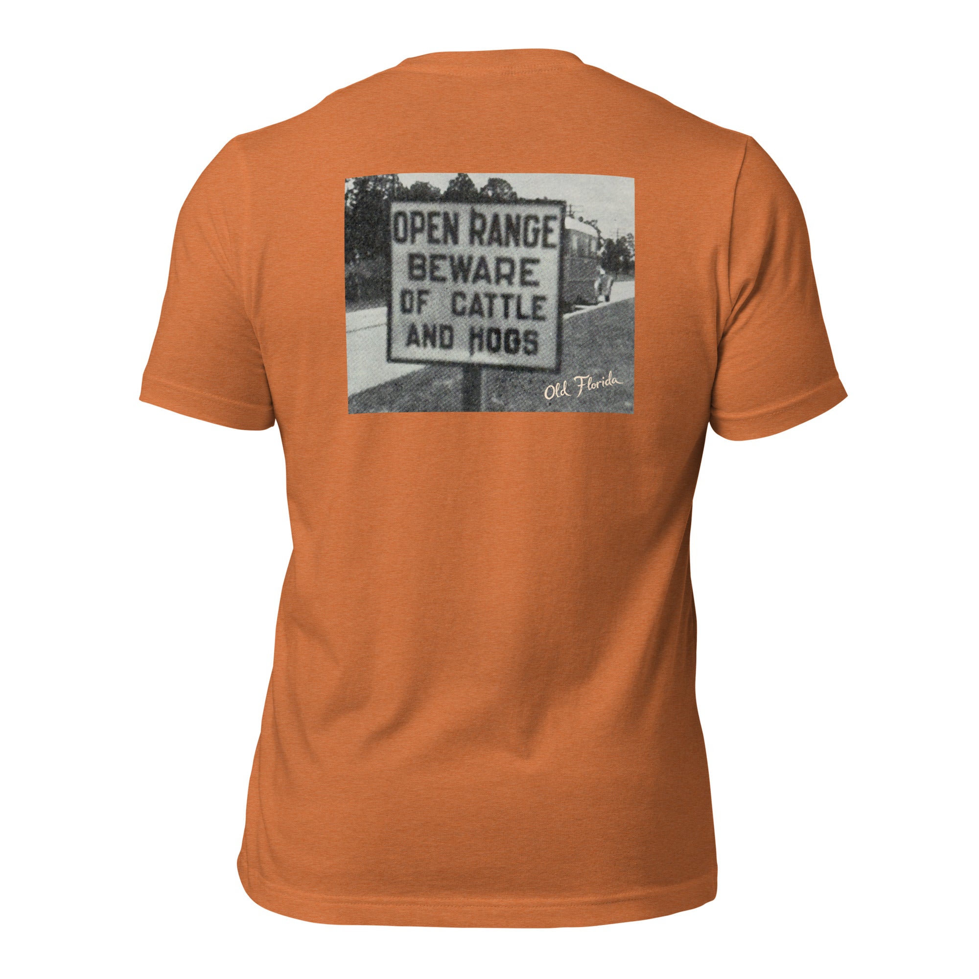 Open Range graphic tee in Heather Autumn, back view — Pistolero Clásico