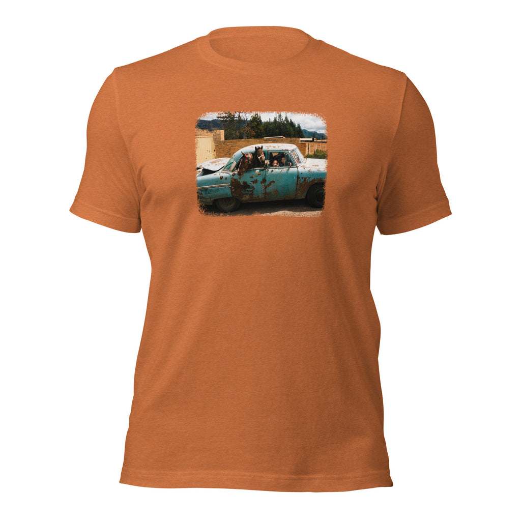 ¡Vamonos! heather autumn tee — front graphic print — Pistolero Clásico