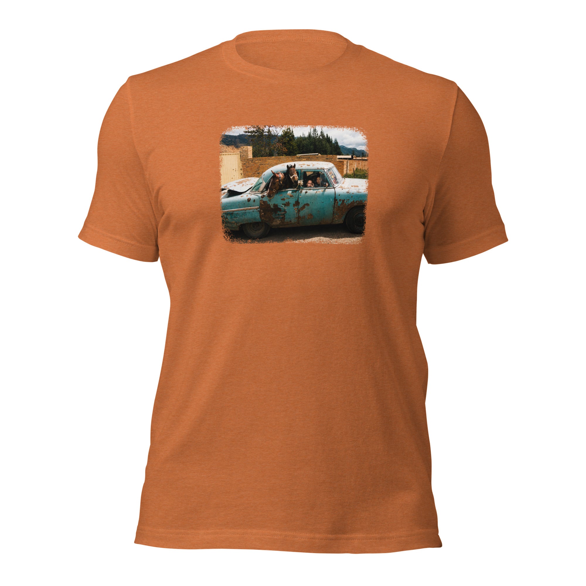 ¡Vamonos! heather autumn tee — front graphic print — Pistolero Clásico