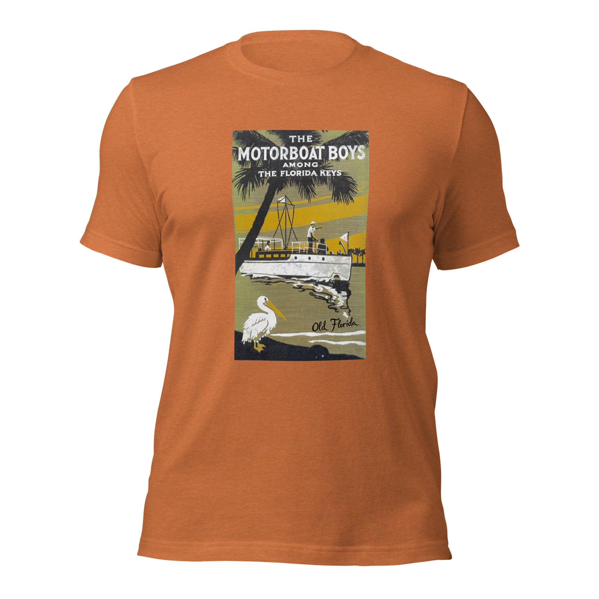 Motorboat Boys heather autumn tee — front graphic print — Pistolero Clásico
