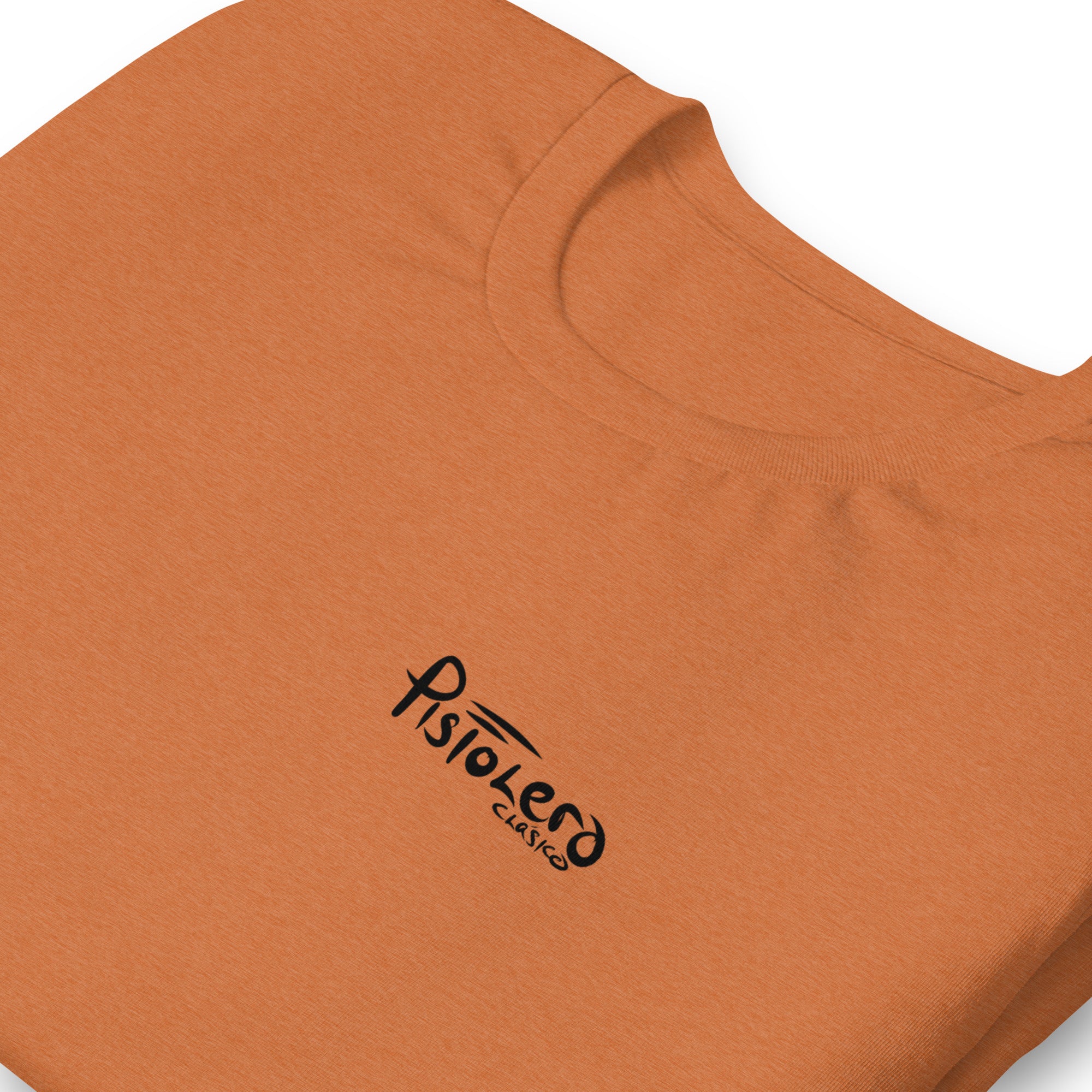 dFins Clásico heather autumn tee — front Pistolero Clásico logo — Pistolero Clásico