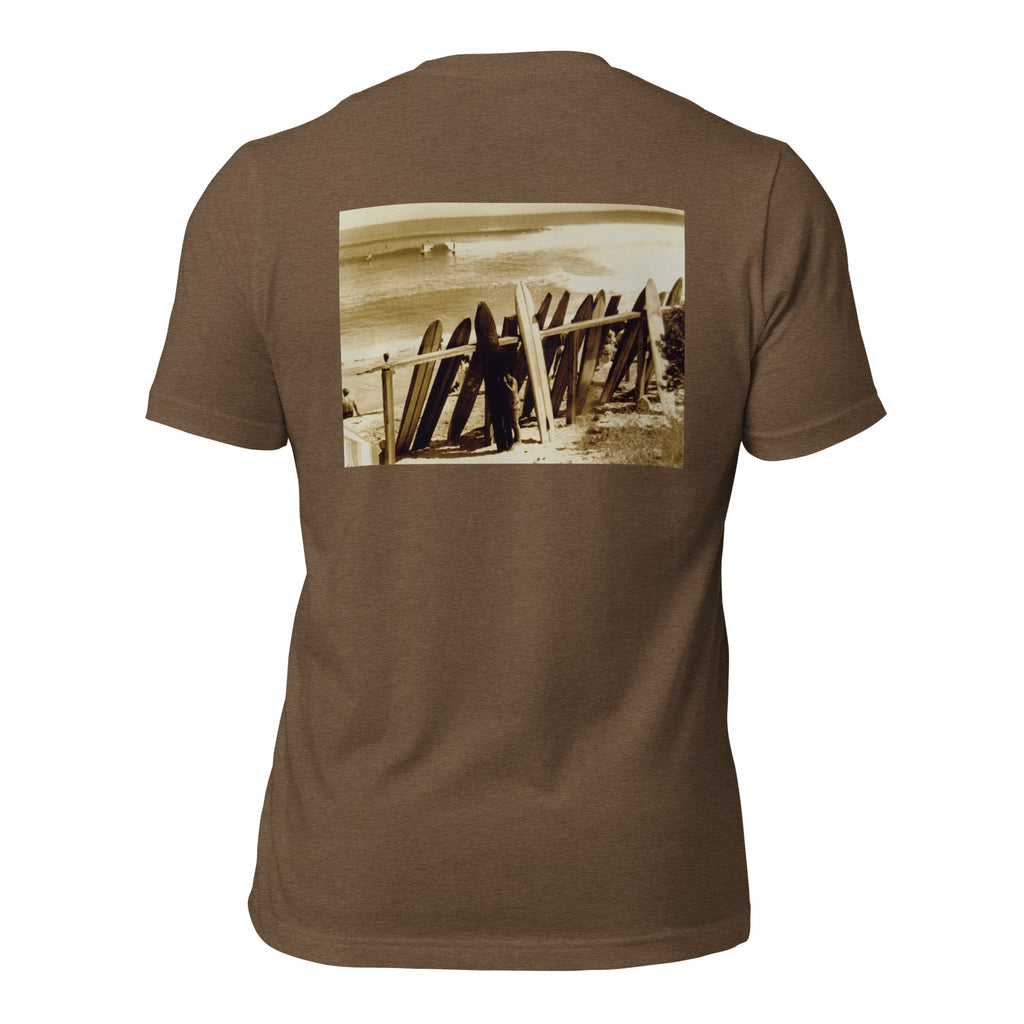 Da Bu graphic tee in Heather Brown, back view — Pistolero Clásico