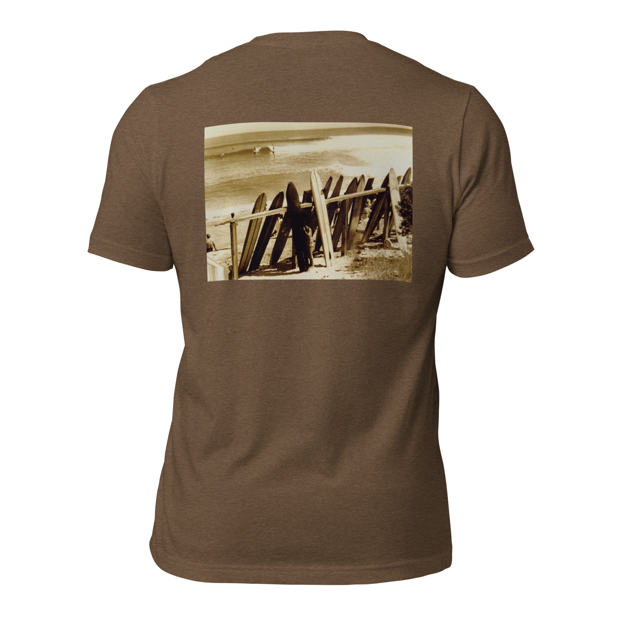 Da Bu graphic tee in Heather Brown, back view — Pistolero Clásico