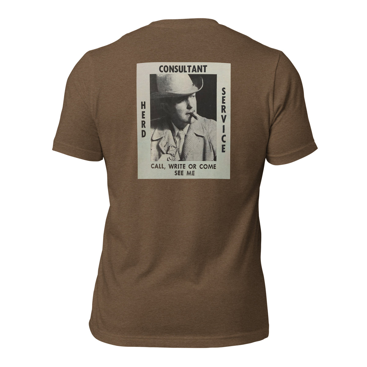Come See Me heather brown tee — back graphic print detail — Pistolero Clásico