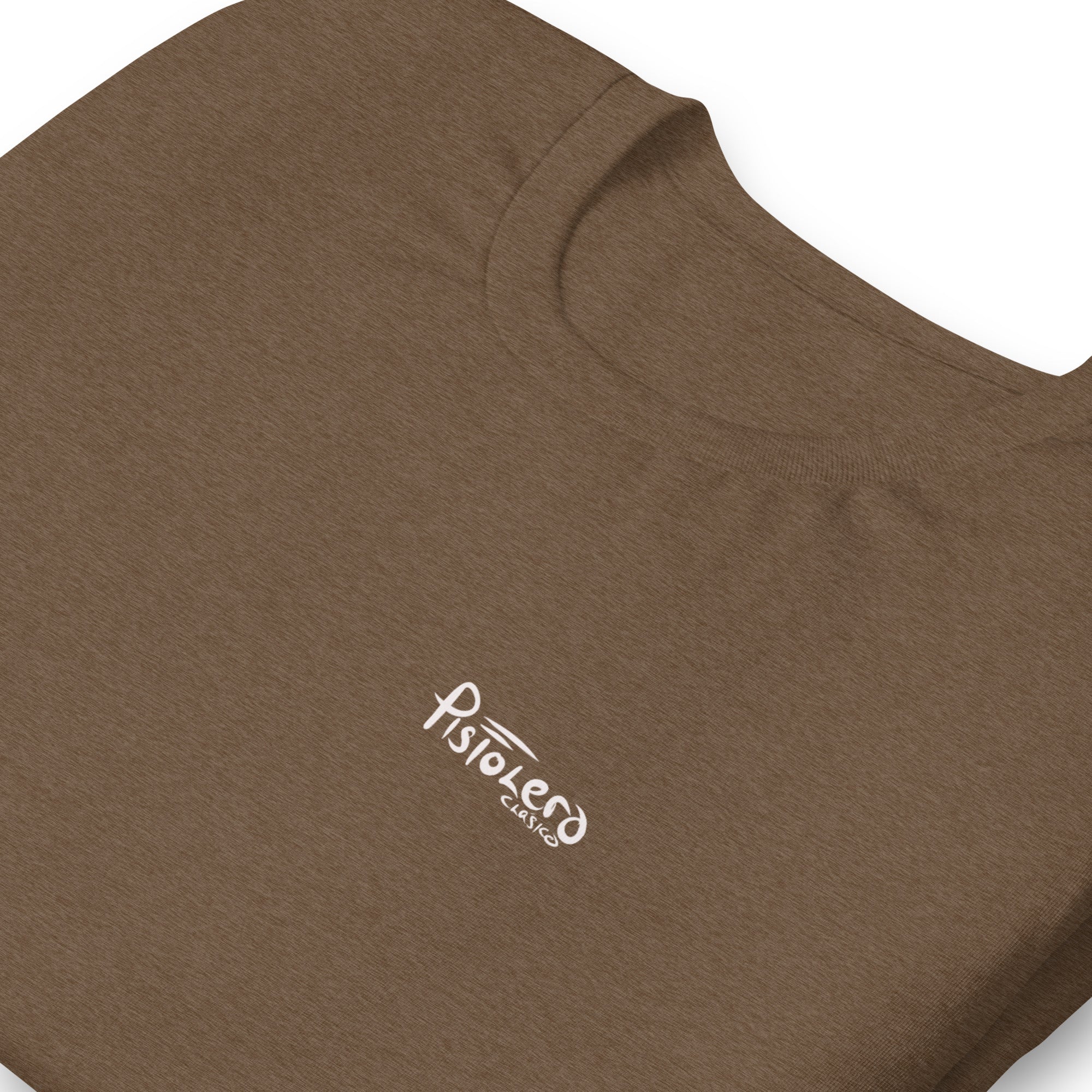 Da Bu Heather Brown tee, Pistolero Clásico logo detail — Pistolero Clásico