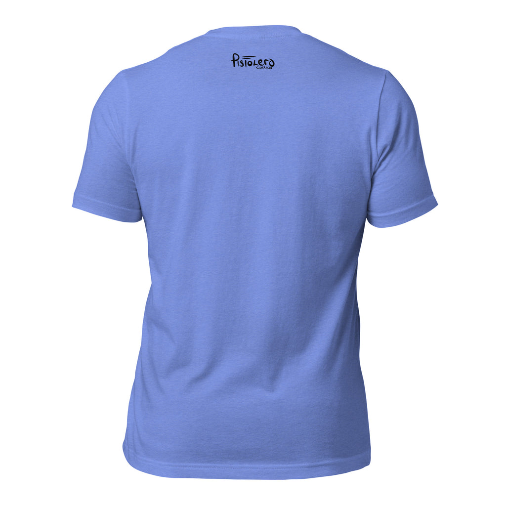 Sail Fish heather columbia blue tee — back Pistolero Clásico logo — Pistolero Clásico