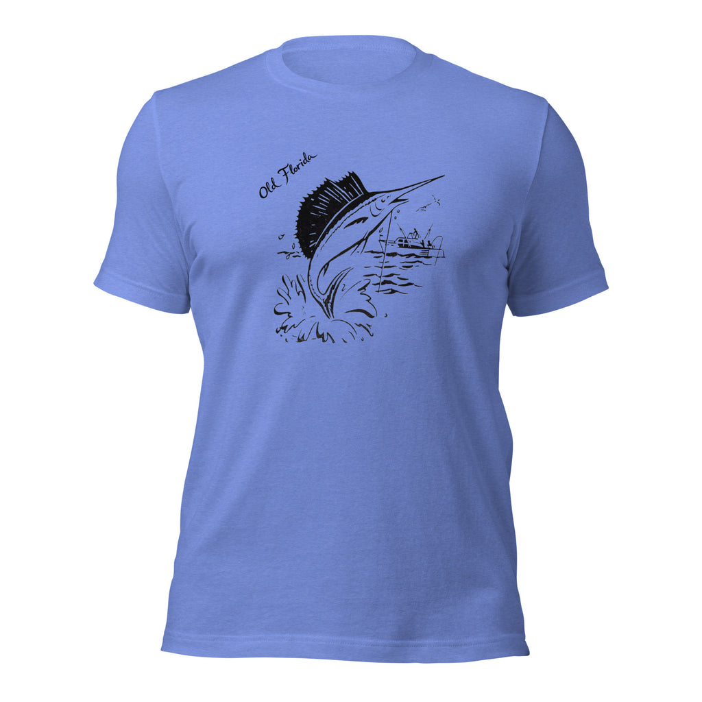 Sail Fish heather columbia blue tee — front graphic print — Pistolero Clásico