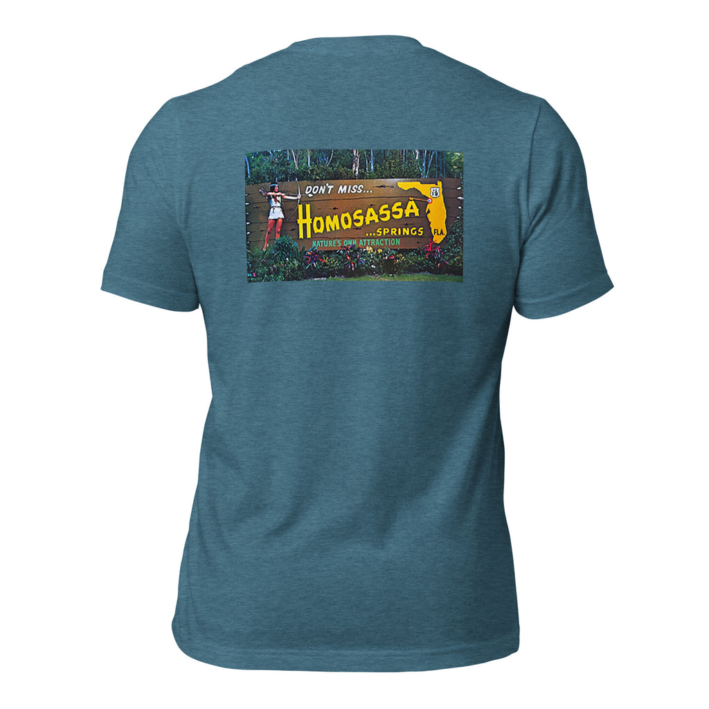 Homosassa Springs heather deep teal tee — back graphic print — Pistolero Clásico