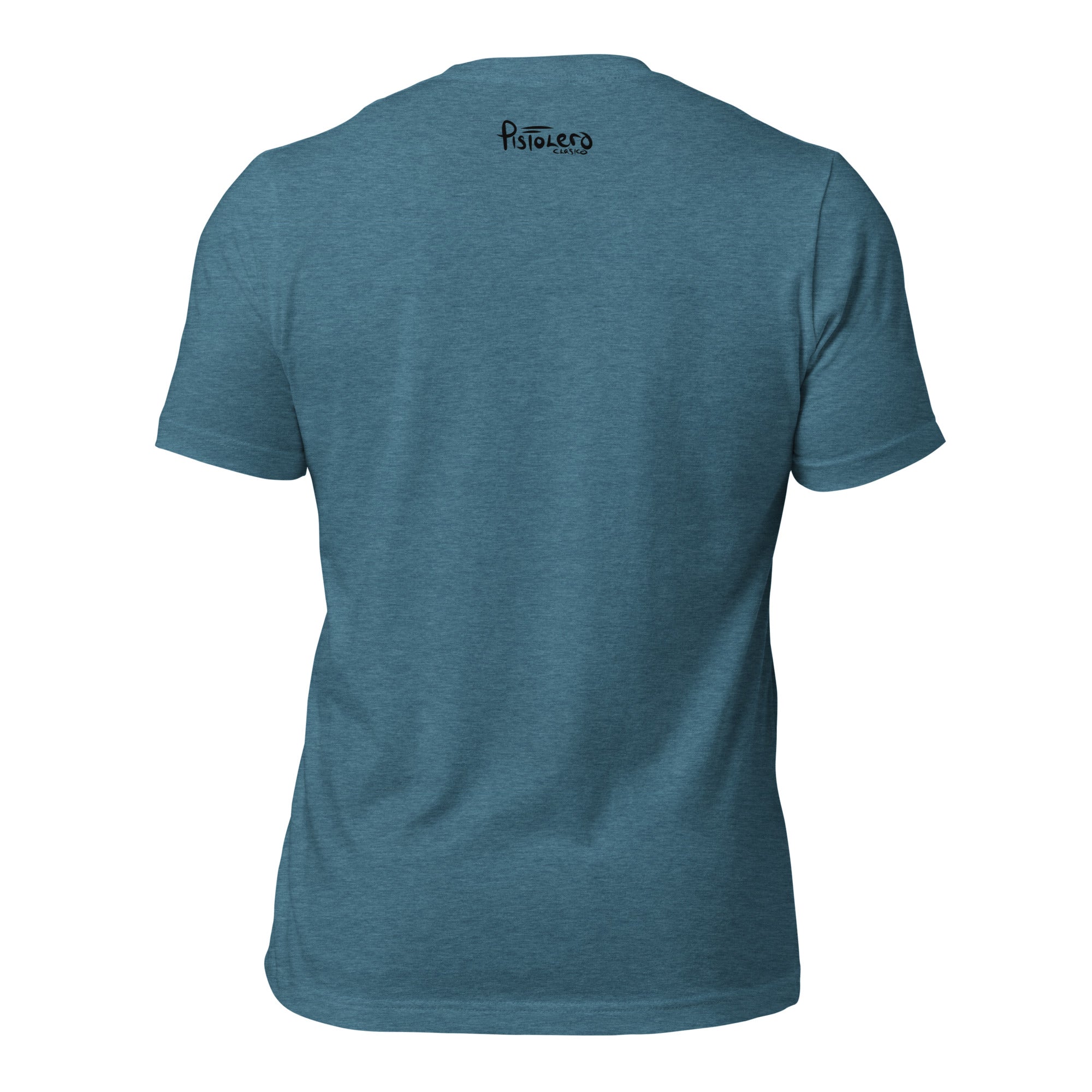 Motorboat Boys heather deep teal tee — back Pistolero Clásico logo — Pistolero Clásico