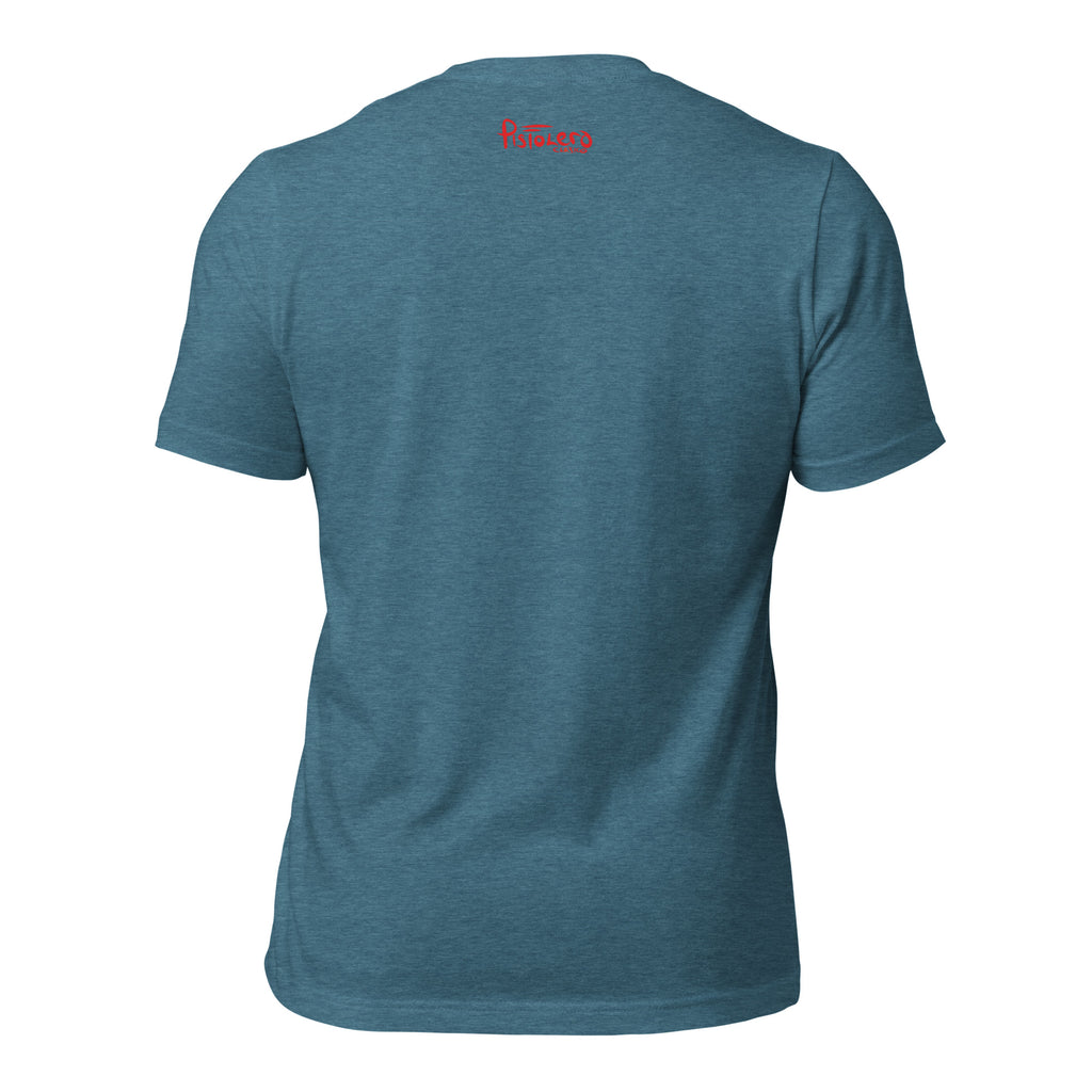 Campeonas del Mundo Heather Deep Teal tee, back view with Pistolero Clásico logo — Pistolero Clásico
