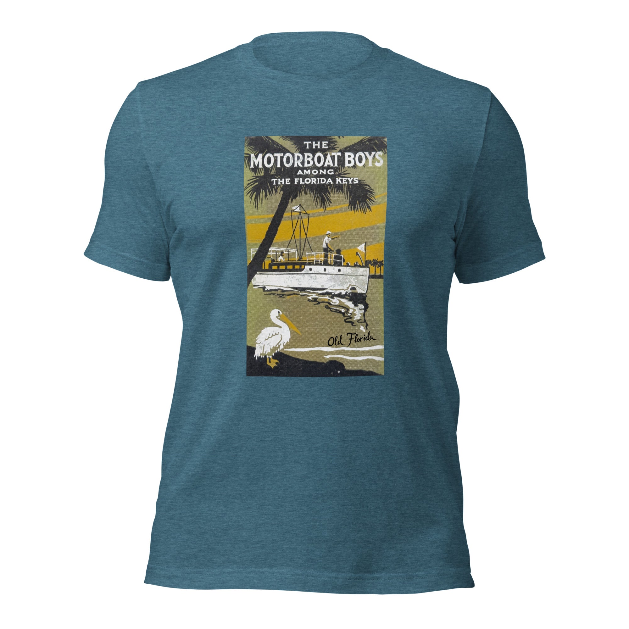 Motorboat Boys heather deep teal tee — front graphic print — Pistolero Clásico