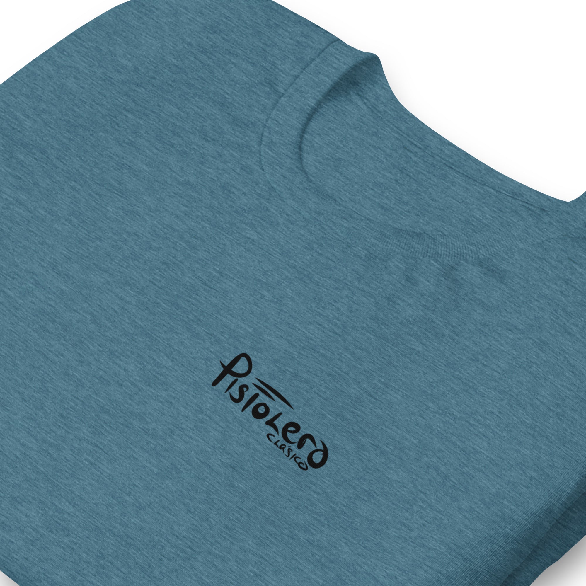 dFins Clásico heather deep teal tee — front Pistolero Clásico logo — Pistolero Clásico