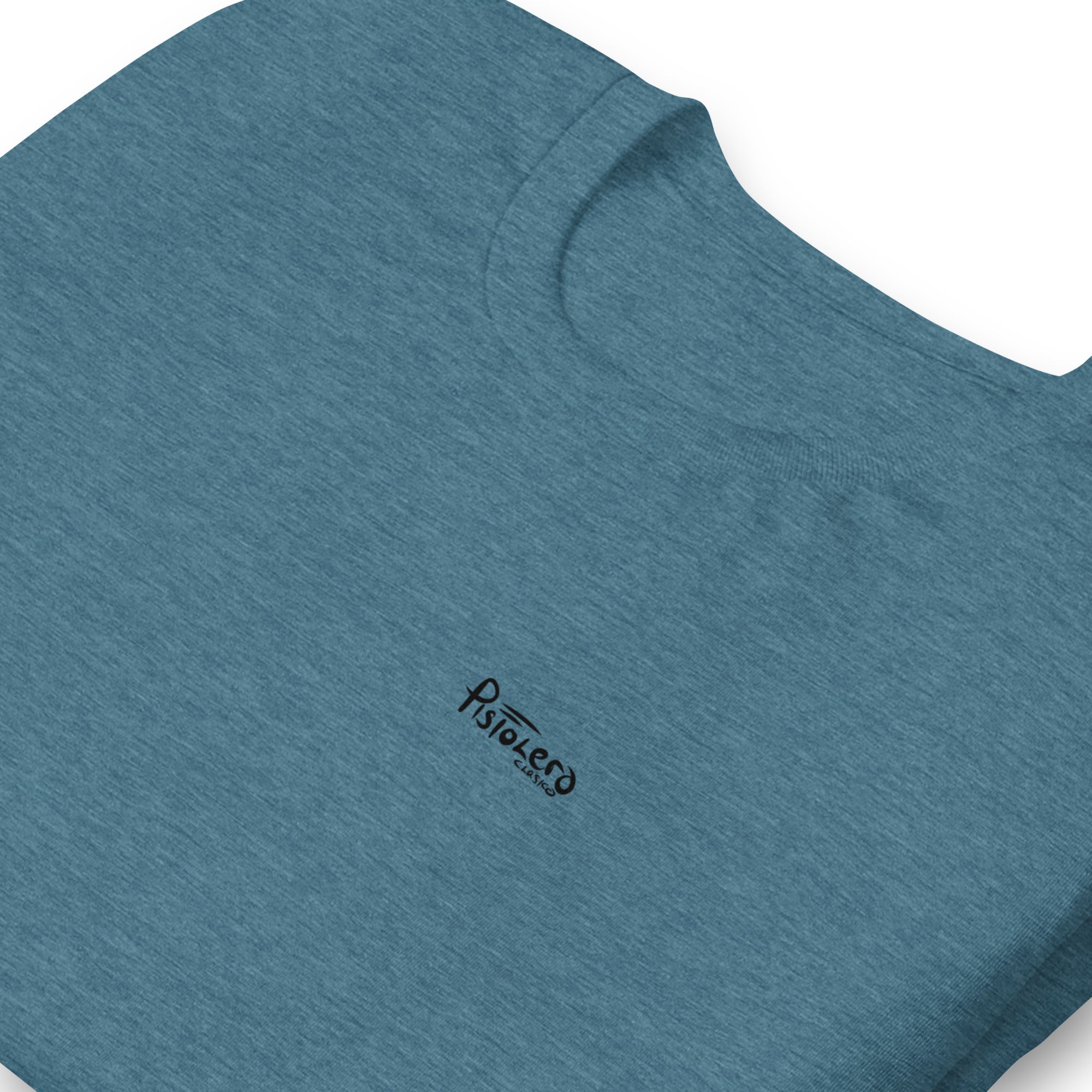 Homosassa Springs heather deep teal tee — front Pistolero Clásico logo — Pistolero Clásico