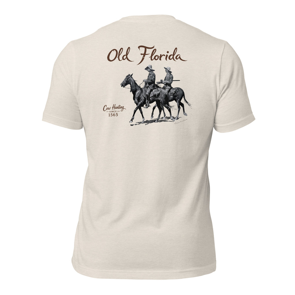 Cow Hunters heather dust tee — back graphic print — Pistolero Clásico