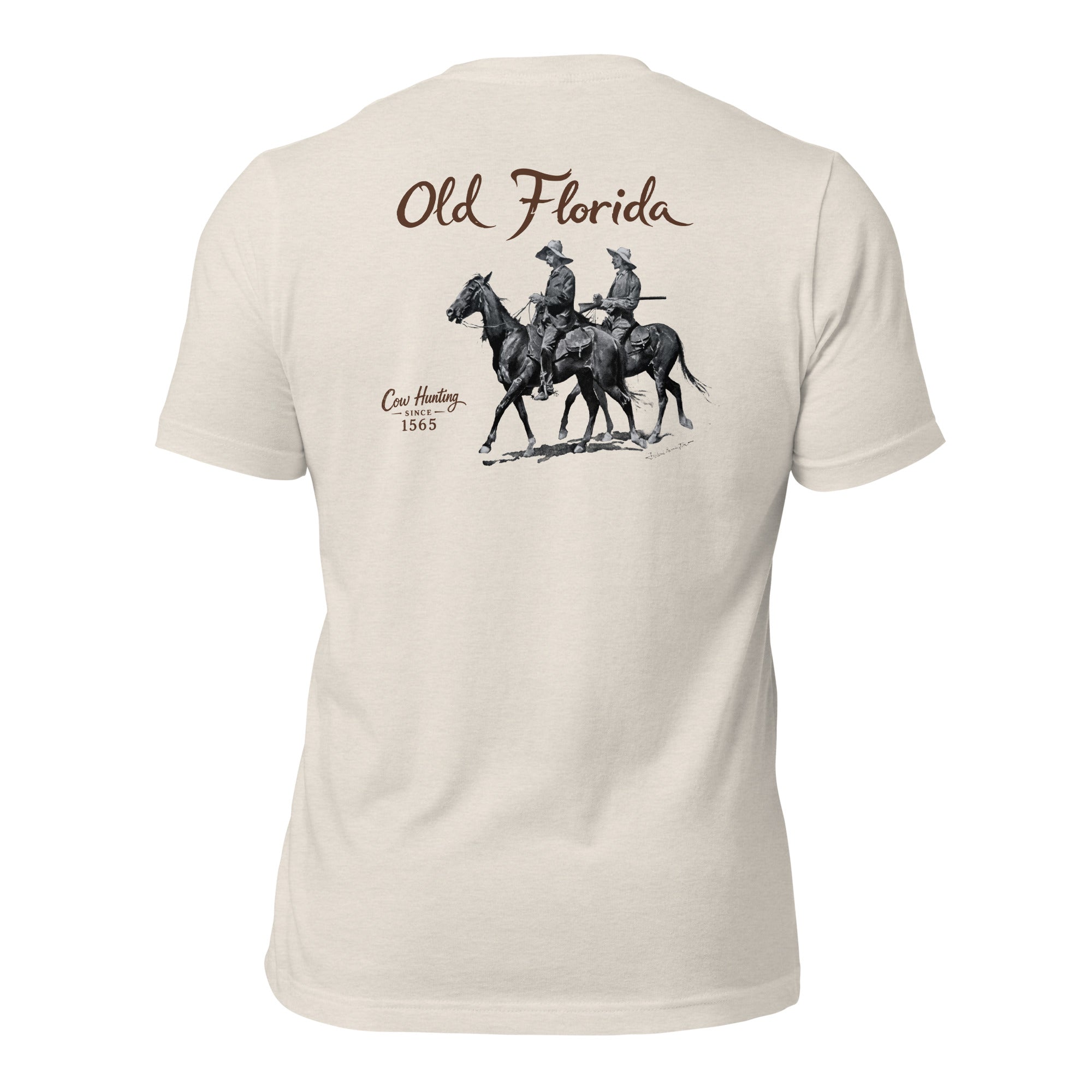 Cow Hunters heather dust tee — back graphic print — Pistolero Clásico